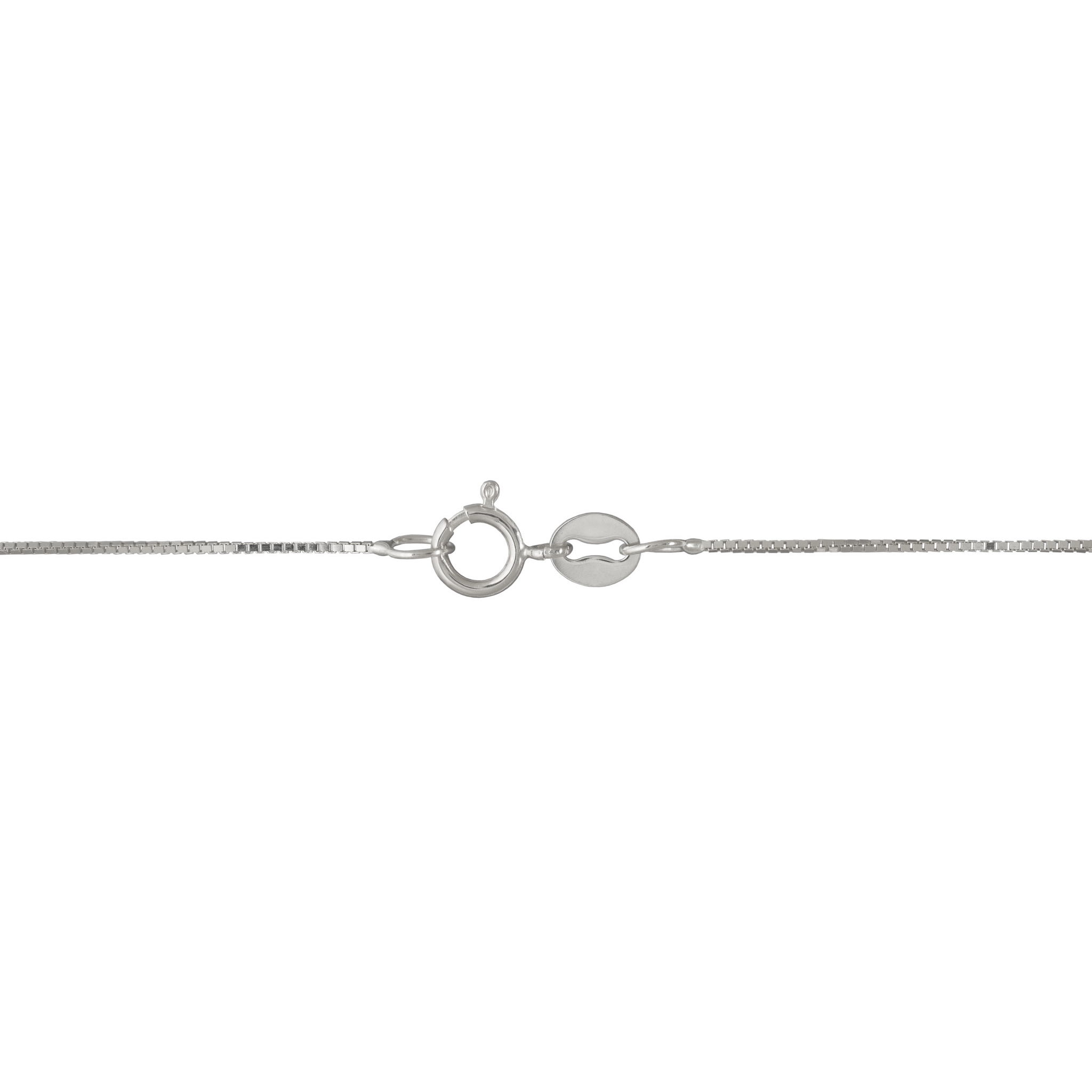 Detail showing round clasp of box chain in white gold on white background