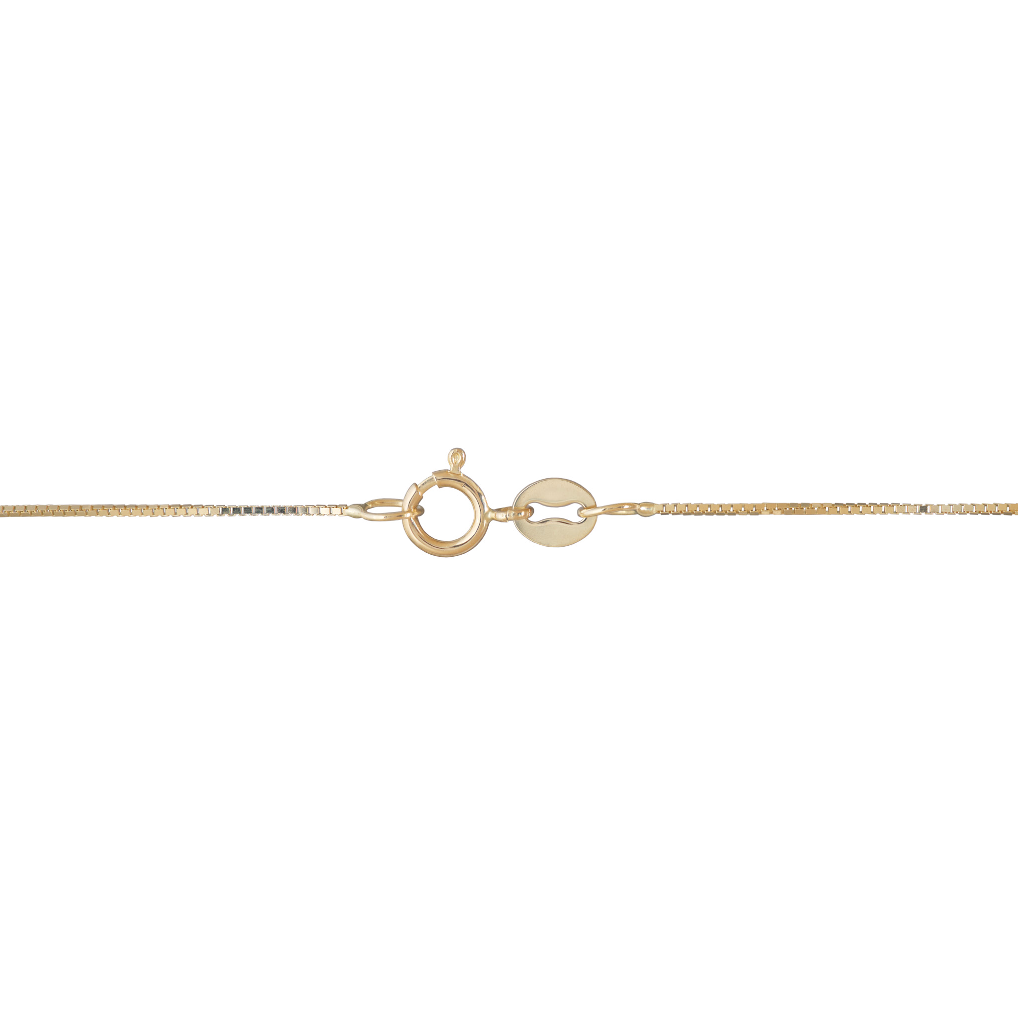 Detail of round clasp on box chain in 14k yellow gold on white background