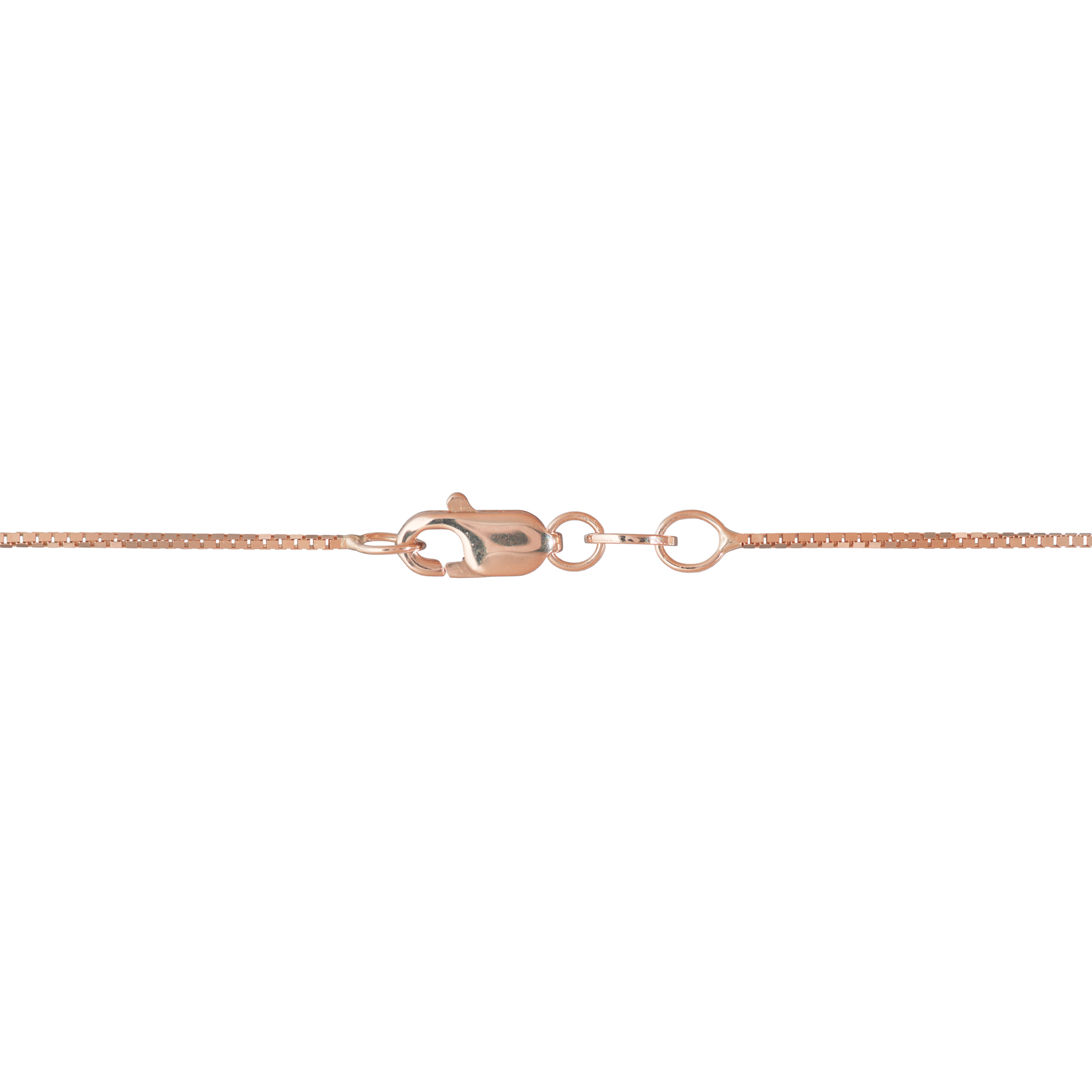 Close up of lobster clasp on 14k Rose gold box chain necklace on a white background
