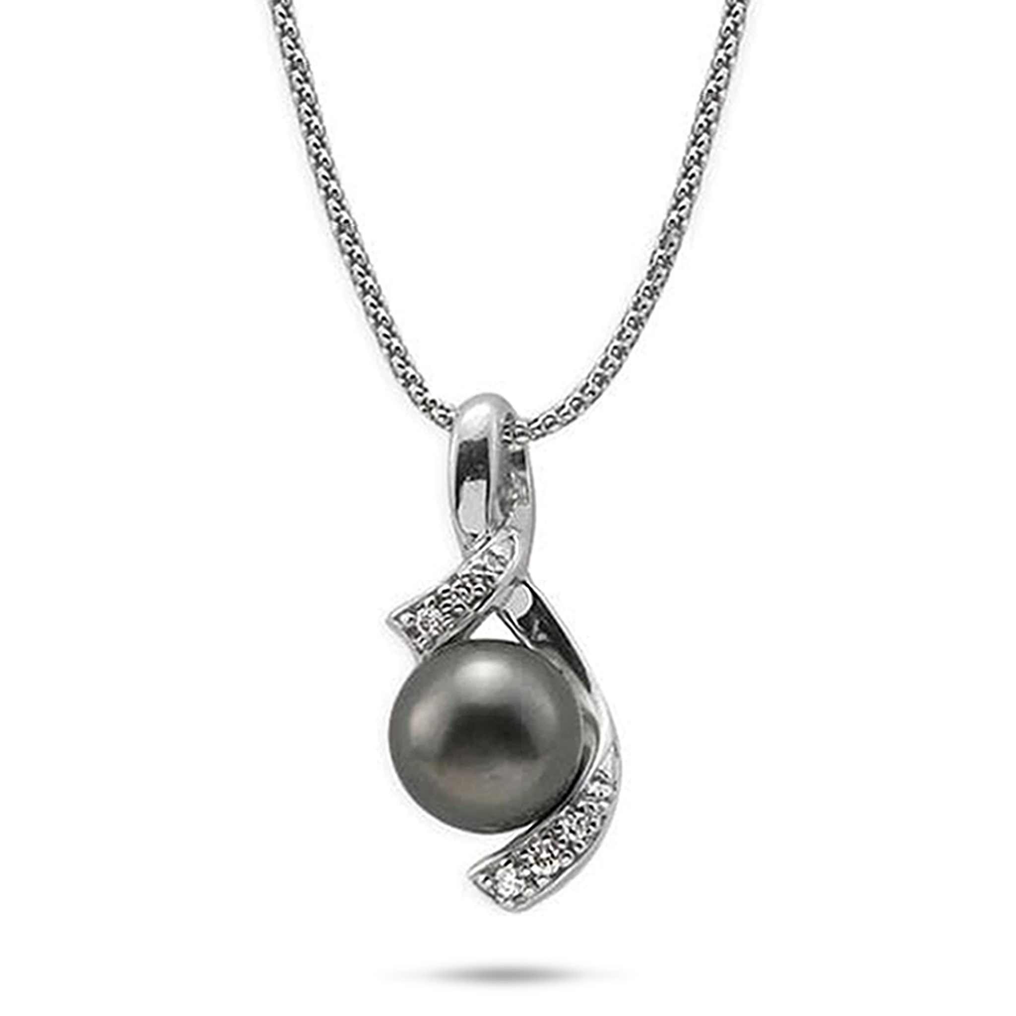 18" Tahiti-Halskette mit schwarzem Perlenanhänger in Weißgold mit Diamanten – 10–11 mm