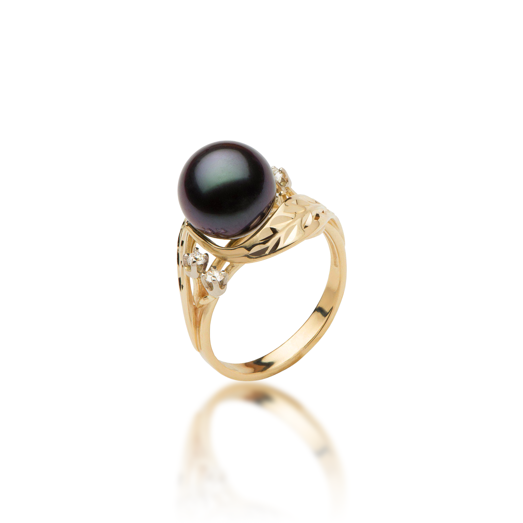 Maile Tahiti-Ring mit schwarzer Perle in Gold mit Diamanten – 9–10 mm