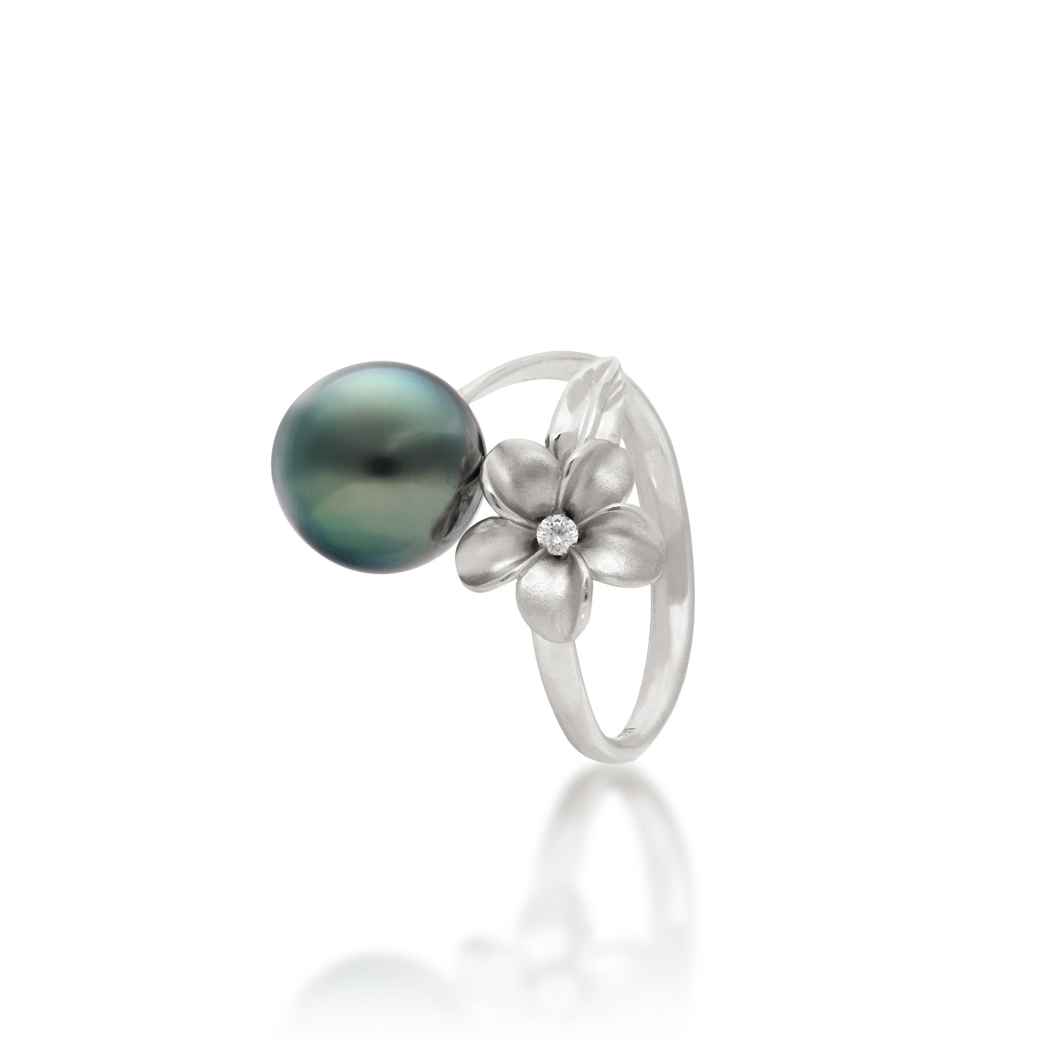 Angle view of a 14k White Gold Plumeria Ring with a Tahitian Black Pearl and Diamond-accent on a white background