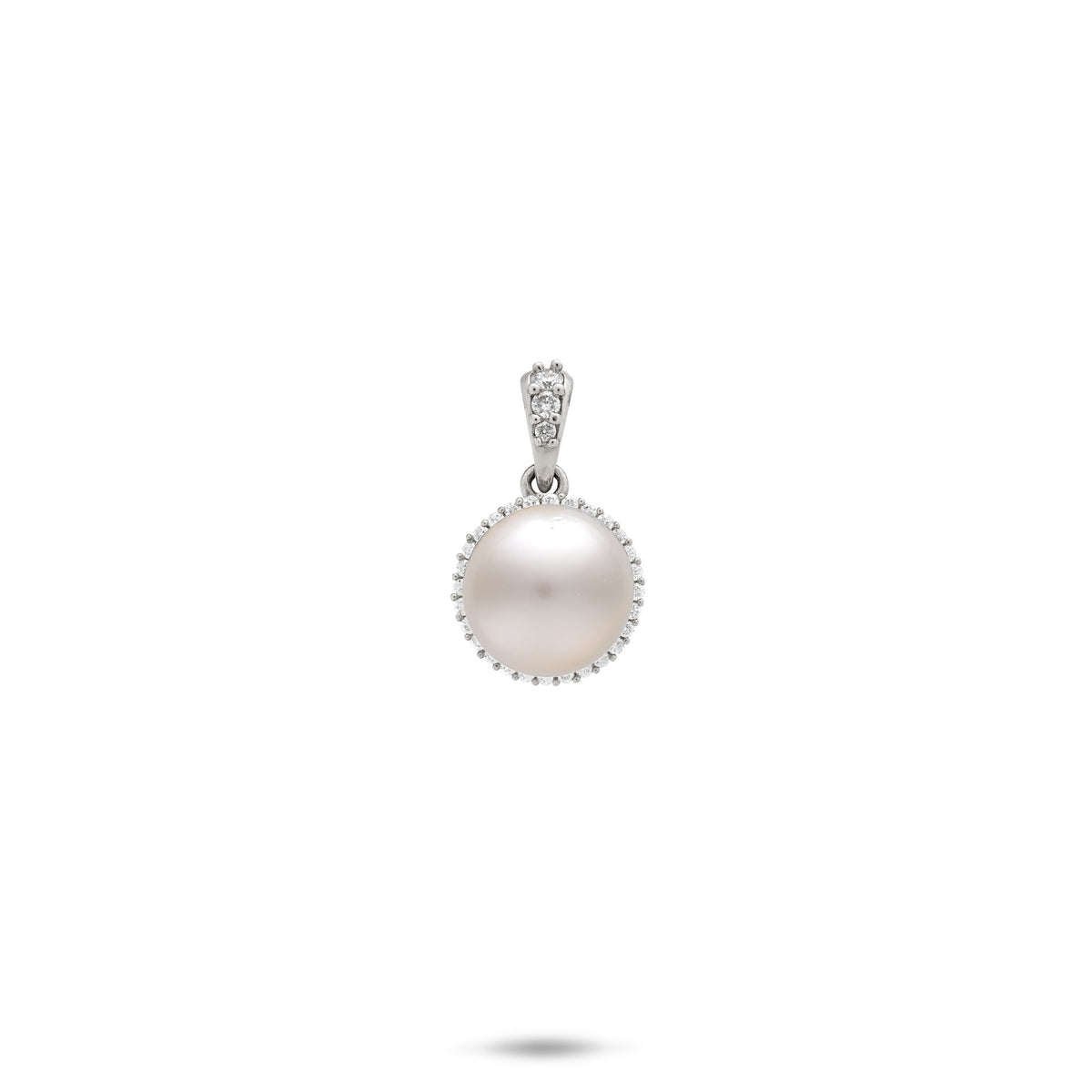 A 14k white gold pendant with a diamond accented bail and an Akoya white pearl with a diamond halo, shown on a white background