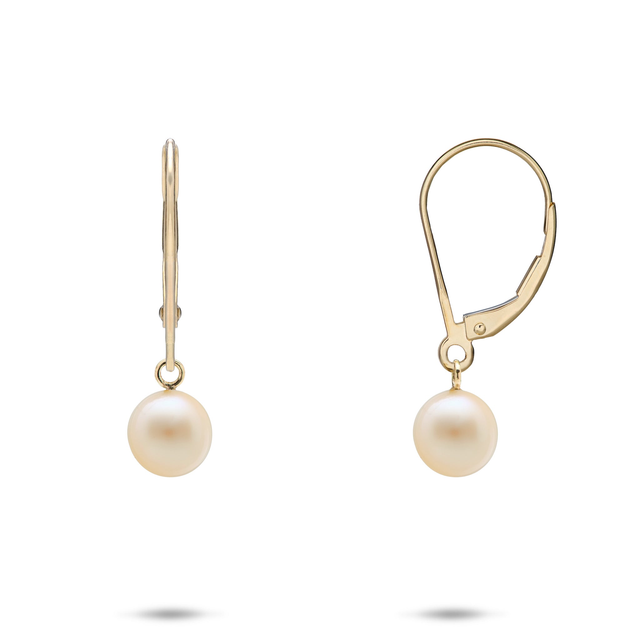 7-8m Peach Freshwater Pearl Leverback Earrings in 14k Yellow Gold on a white background