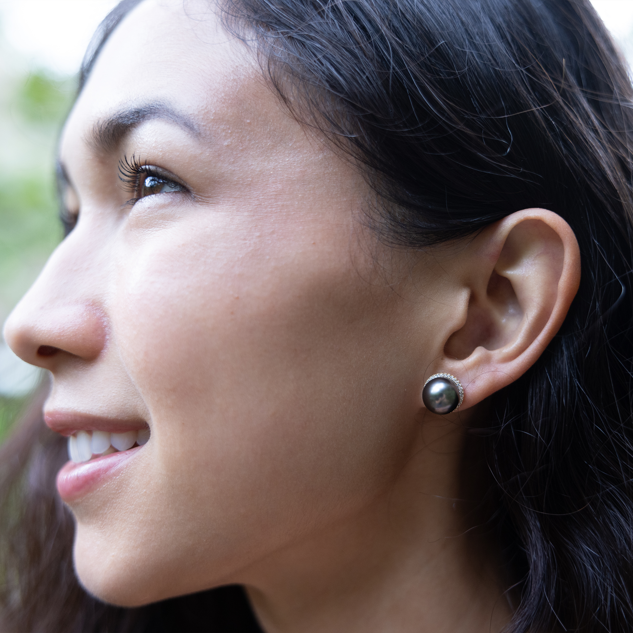 Halo Tahitian Black Pearl Earrings in Gold with Diamonds - 10-11mm