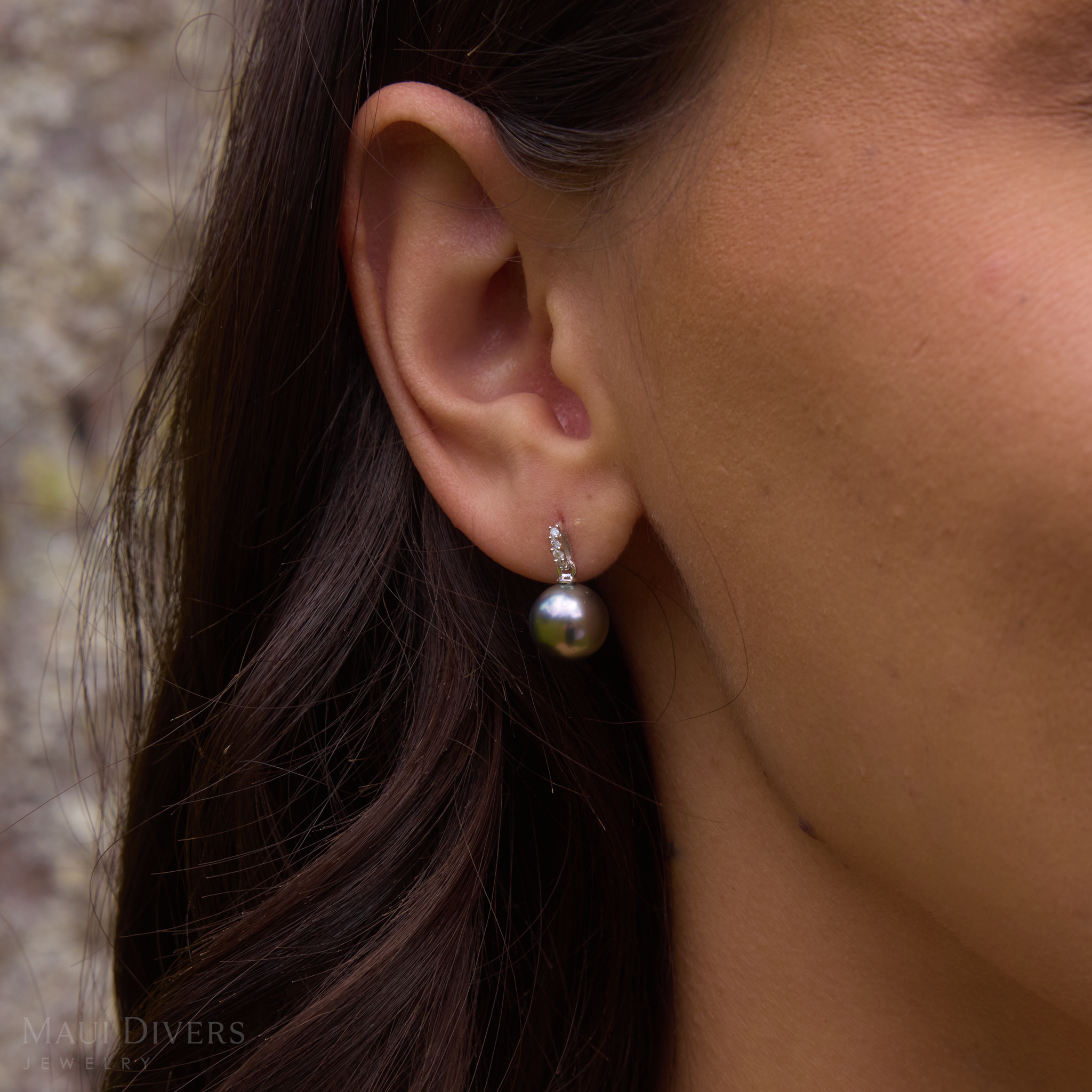 Schwarze Tahiti-Perlenohrringe aus Weißgold mit Diamanten - 9-10 mm