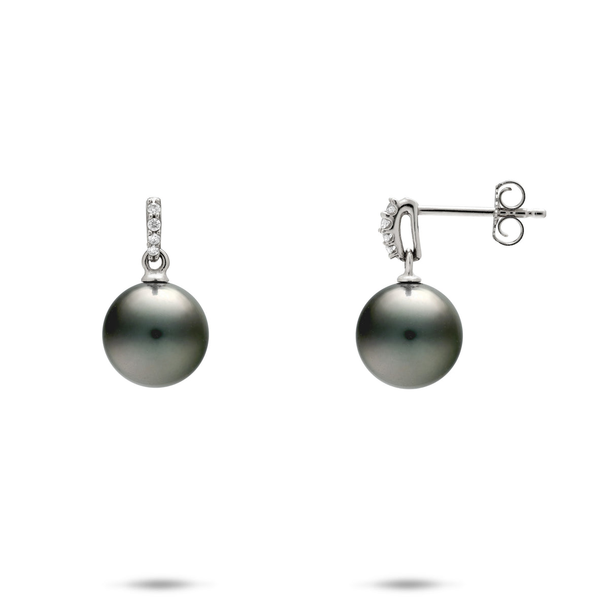 A pair of 14k white gold dangle stud earrings with a vertical row of diamonds atop a Tahitian black pearl, shown with a front and side view of the butterfly backing, on a white background