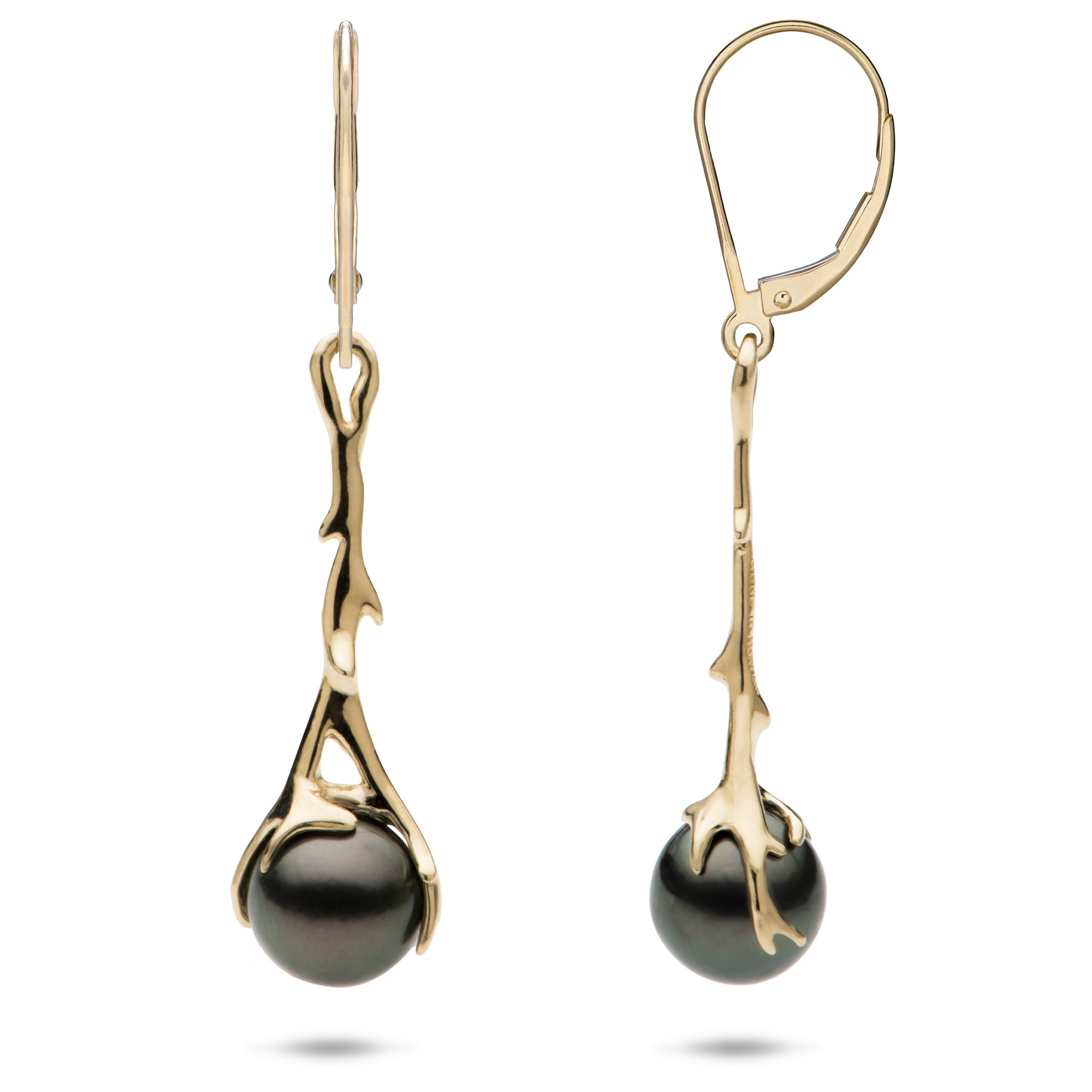 Heritage Collection Tahitian Black Pearl Leverback Earrings in 14k Yellow Gold on a white background