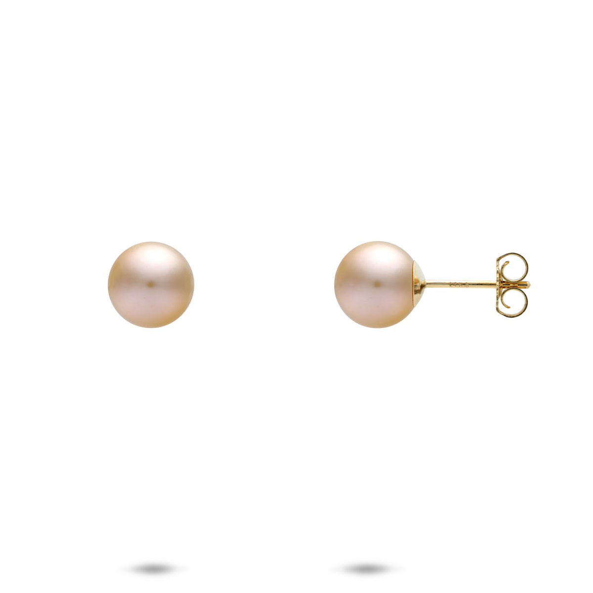 A pair of 14k yellow gold 7-8mm Peach natural color Freshwater pearl earrings, shown with a front and side profile view of the butterfly backings on a white background