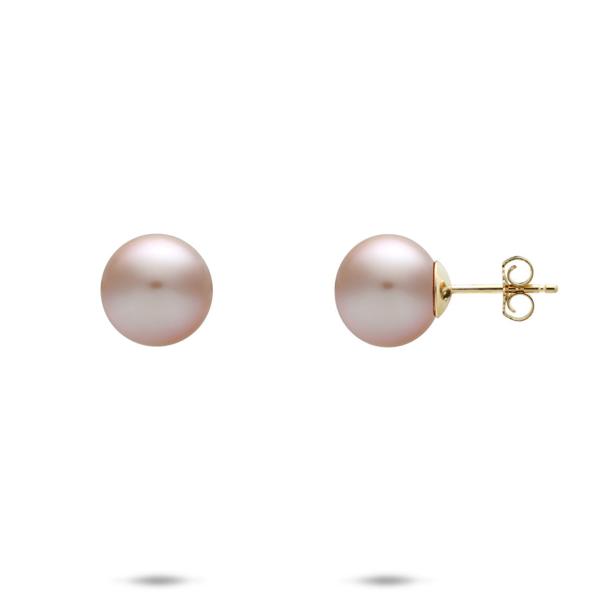 A pair of 9-10mm Lavender Freshwater Pearl Stud Earrings shown with a front and side profile view of the butterfly backings on a white background
