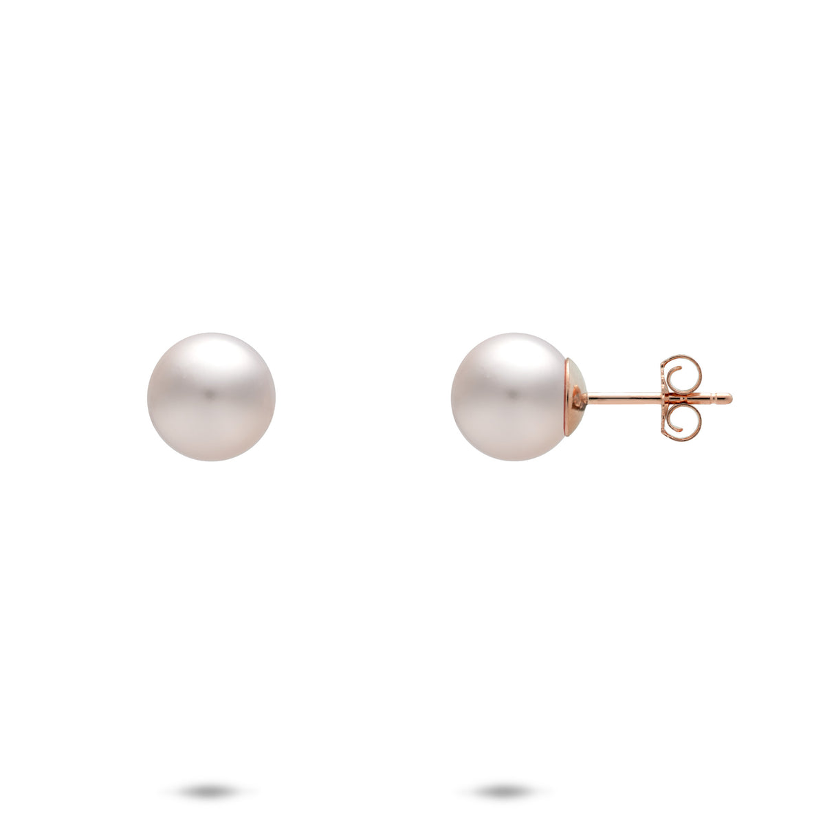 A pair of 8mm Akoya white pearl stud earrings in 14k rose gold, shown with a front and side profile view of the butterfly backings, on a white background