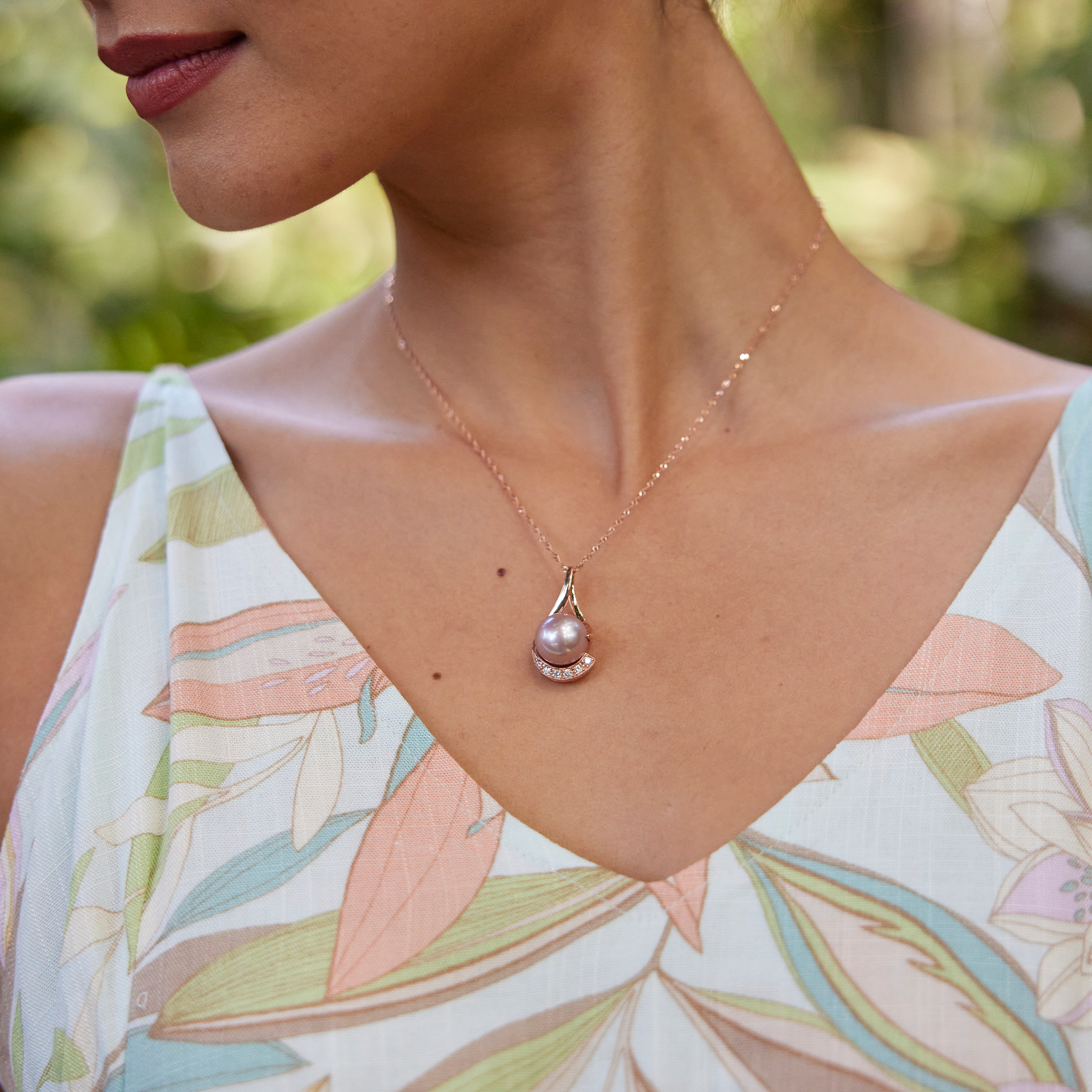 ダイヤモンド付きのローズゴールドのラベンダー淡水真珠ペンダント-12-13mm