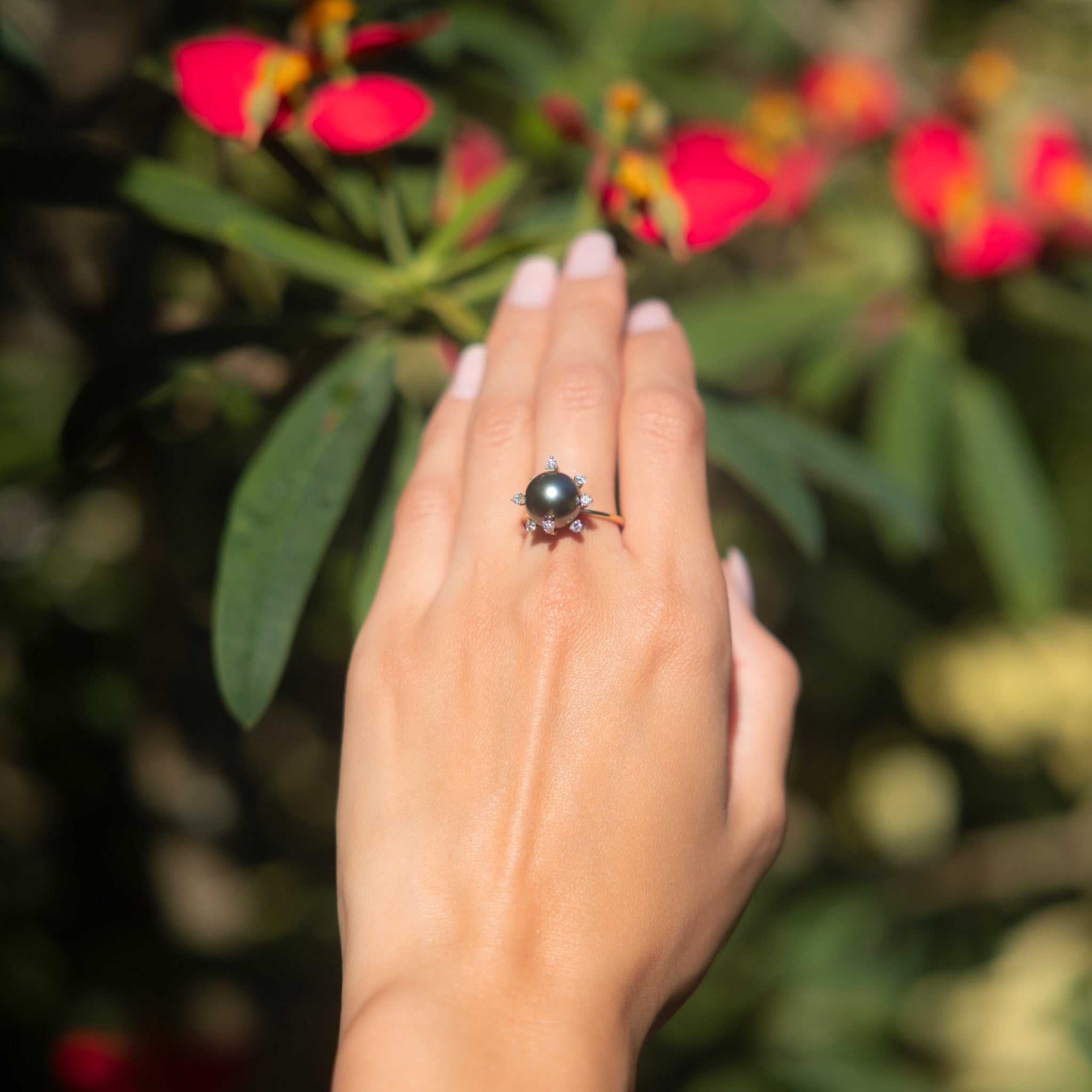 Protea Tahitian Black Pearl Ring in Gold with Diamonds - 10-11mm
