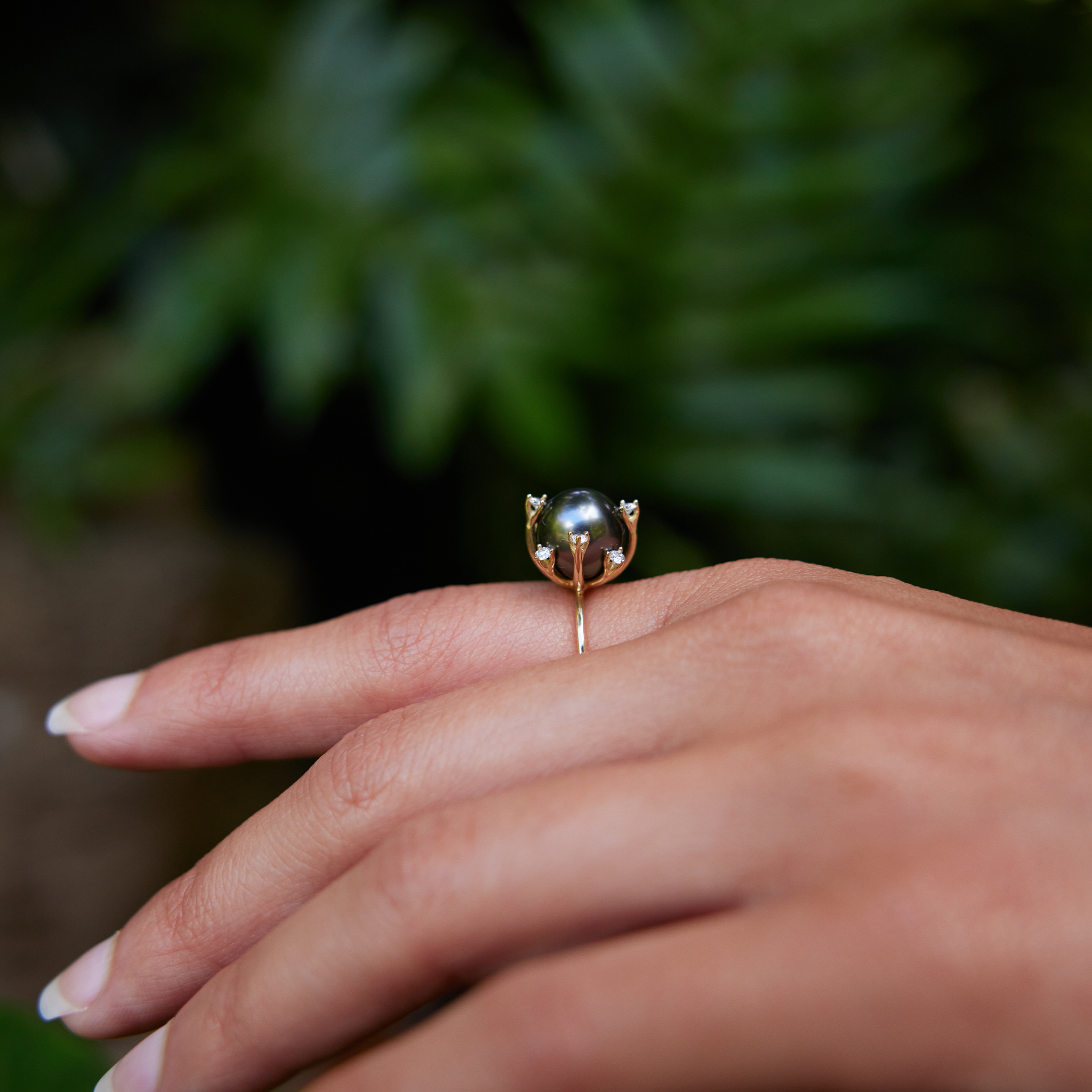 Protea Tahitian Black Pearl Ring in Gold with Diamonds - 10-11mm