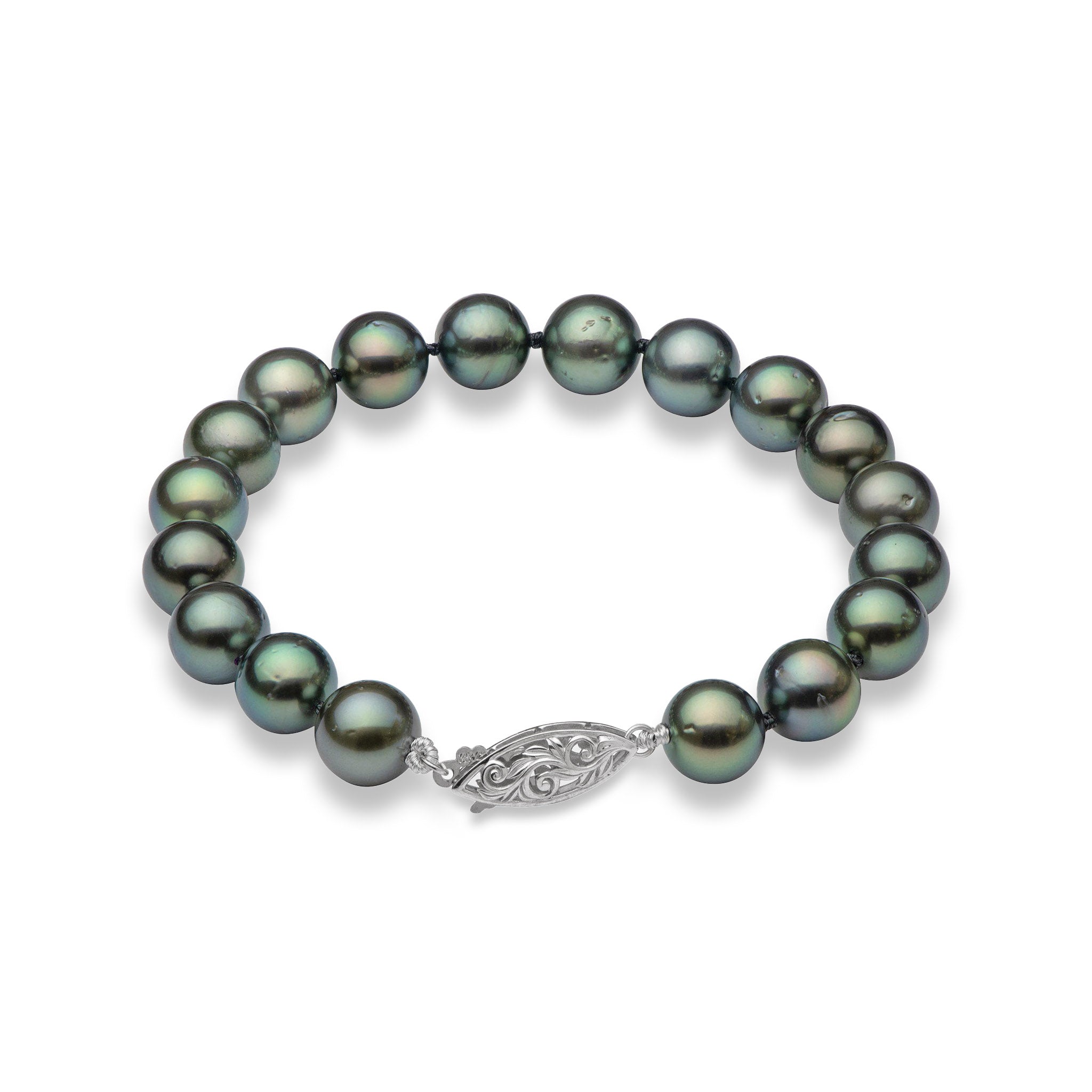8" Tahitian Black Pearl Bracelet in White Gold - 9-10mm