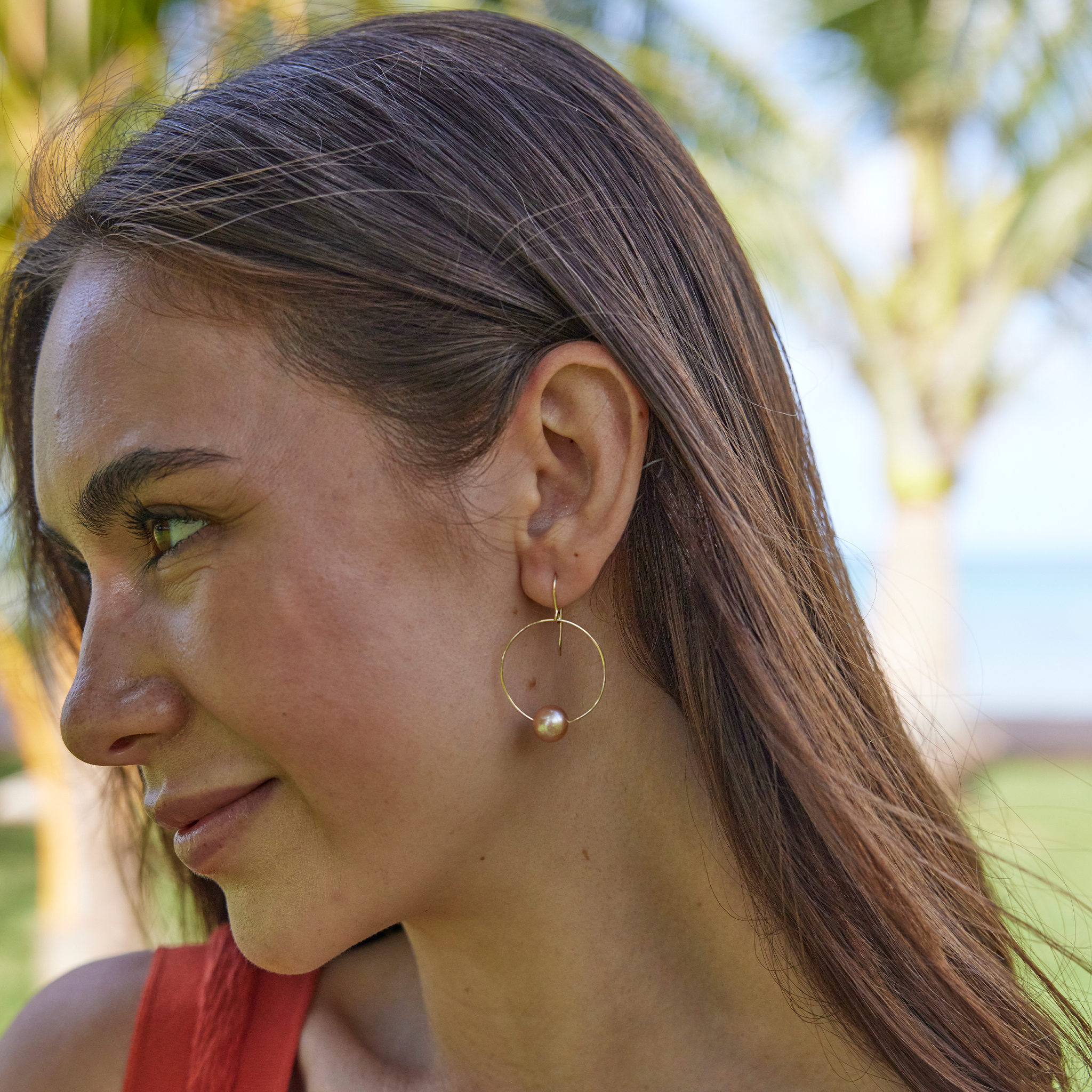 Peach Freshwater Pearl Hoop Earrings in Gold - 9-10mm