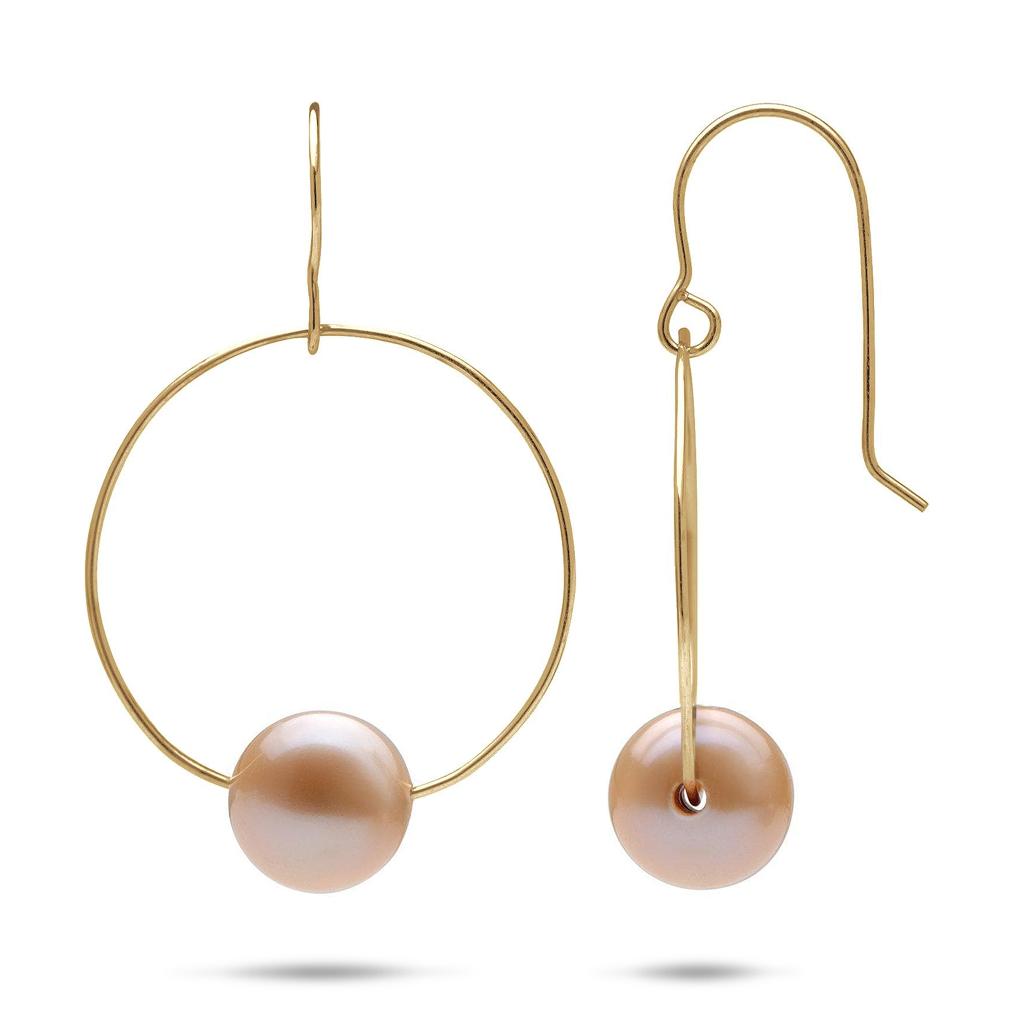 Peach Freshwater Pearl Hoop Earrings in Gold - 9-10mm