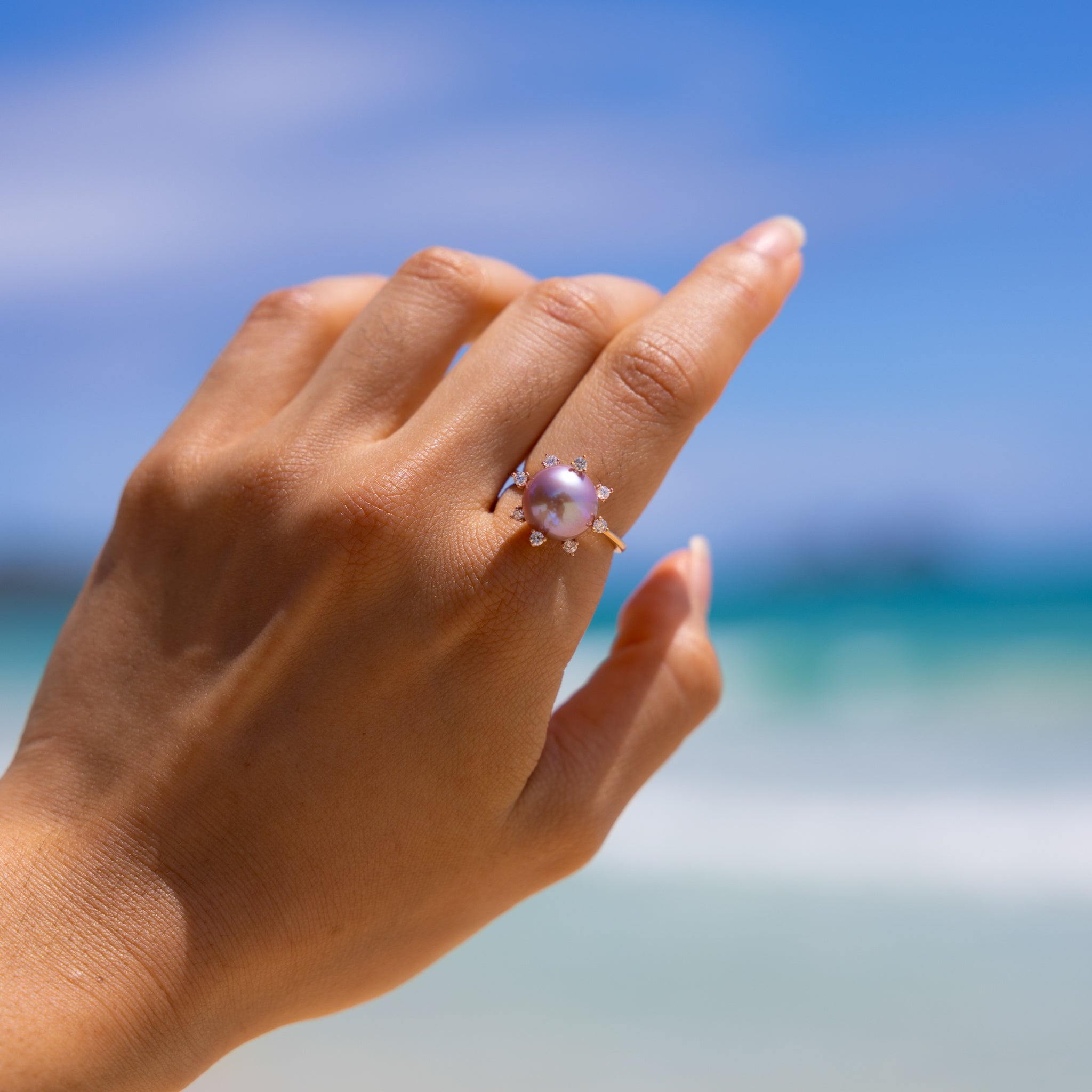 Protea Lilac Freshwater Pearl Ring in Rose Gold with Diamonds - 10-11mm