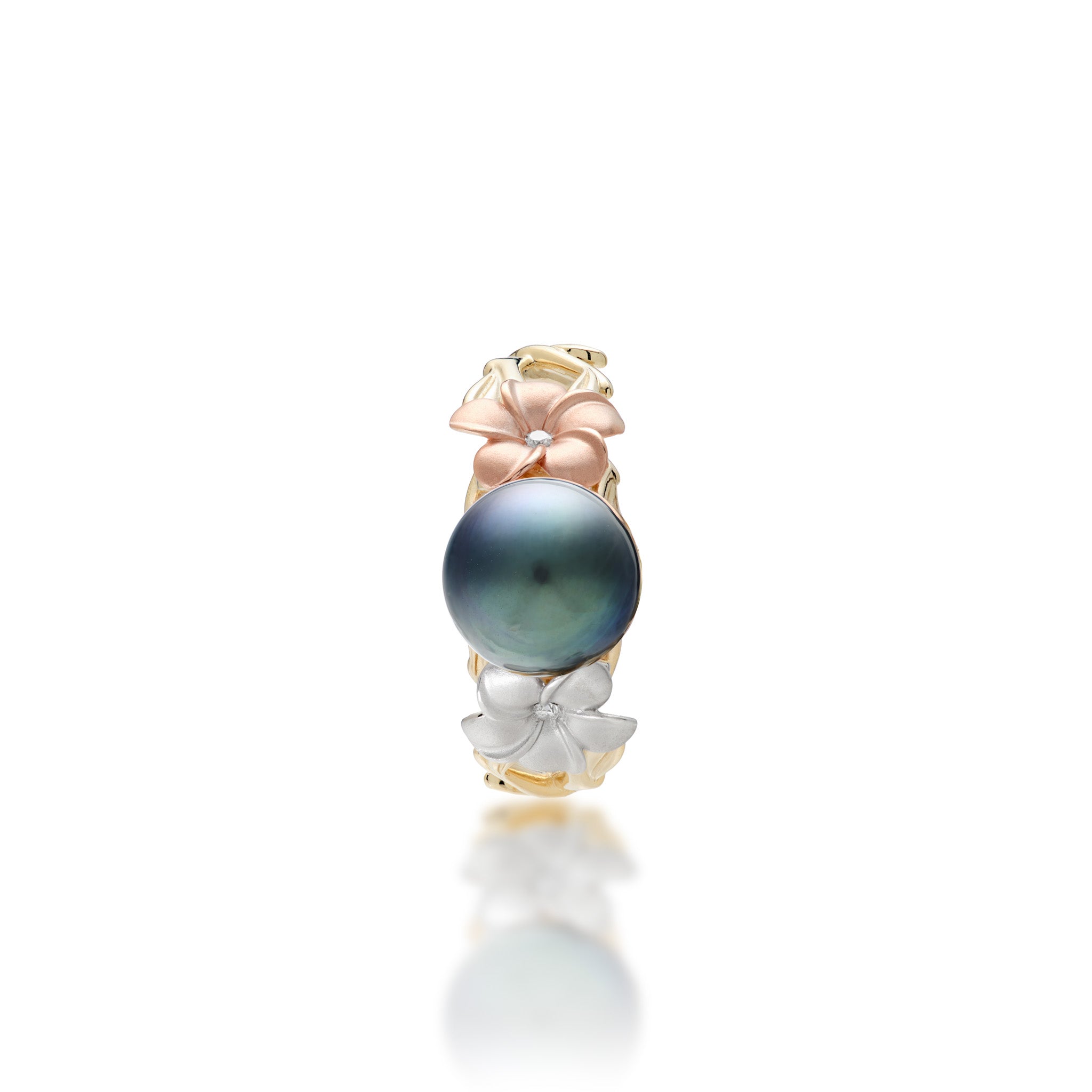 Top view of the Pearls in Bloom Plumeria 8mm Tahitian Black Pearl Ring in Tri Color Gold with Diamonds on a white background