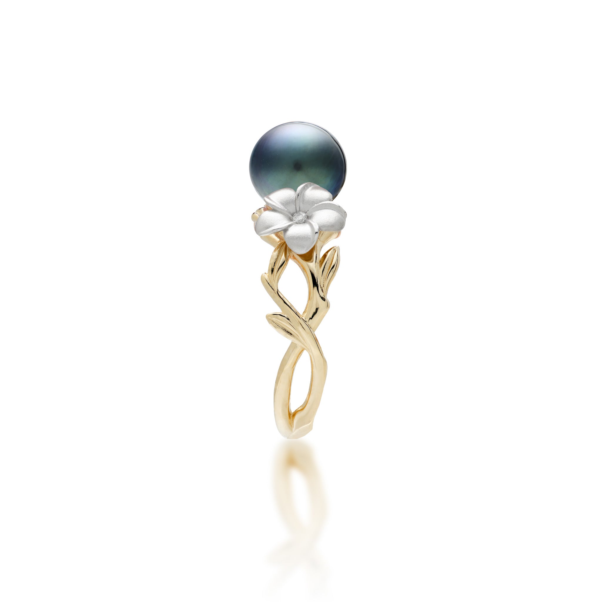 Left side view of the Pearls in Bloom Plumeria 8mm Tahitian Black Pearl Ring in Tri Color Gold with Diamonds on a white background