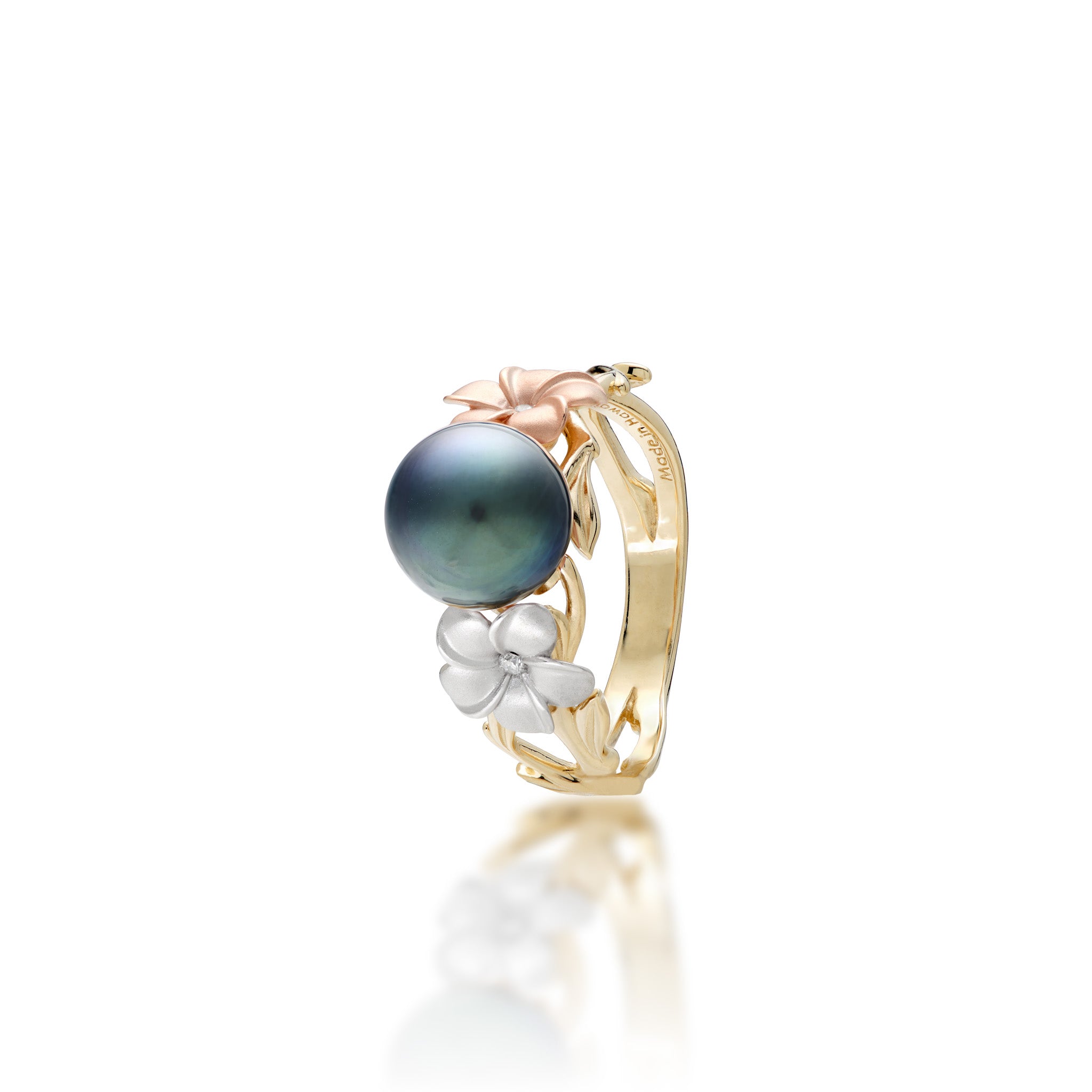 Angle view of the Pearls in Bloom Plumeria 8mm Tahitian Black Pearl Ring in Tri Color Gold with Diamonds on a white background
