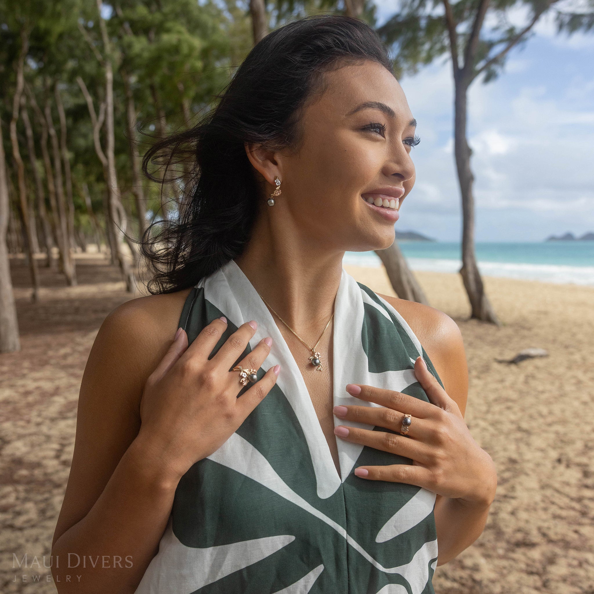 Pearls in Bloom Plumeria Tahitian Black Pearl Earrings in Tri Color Gold with Diamonds - 23mm