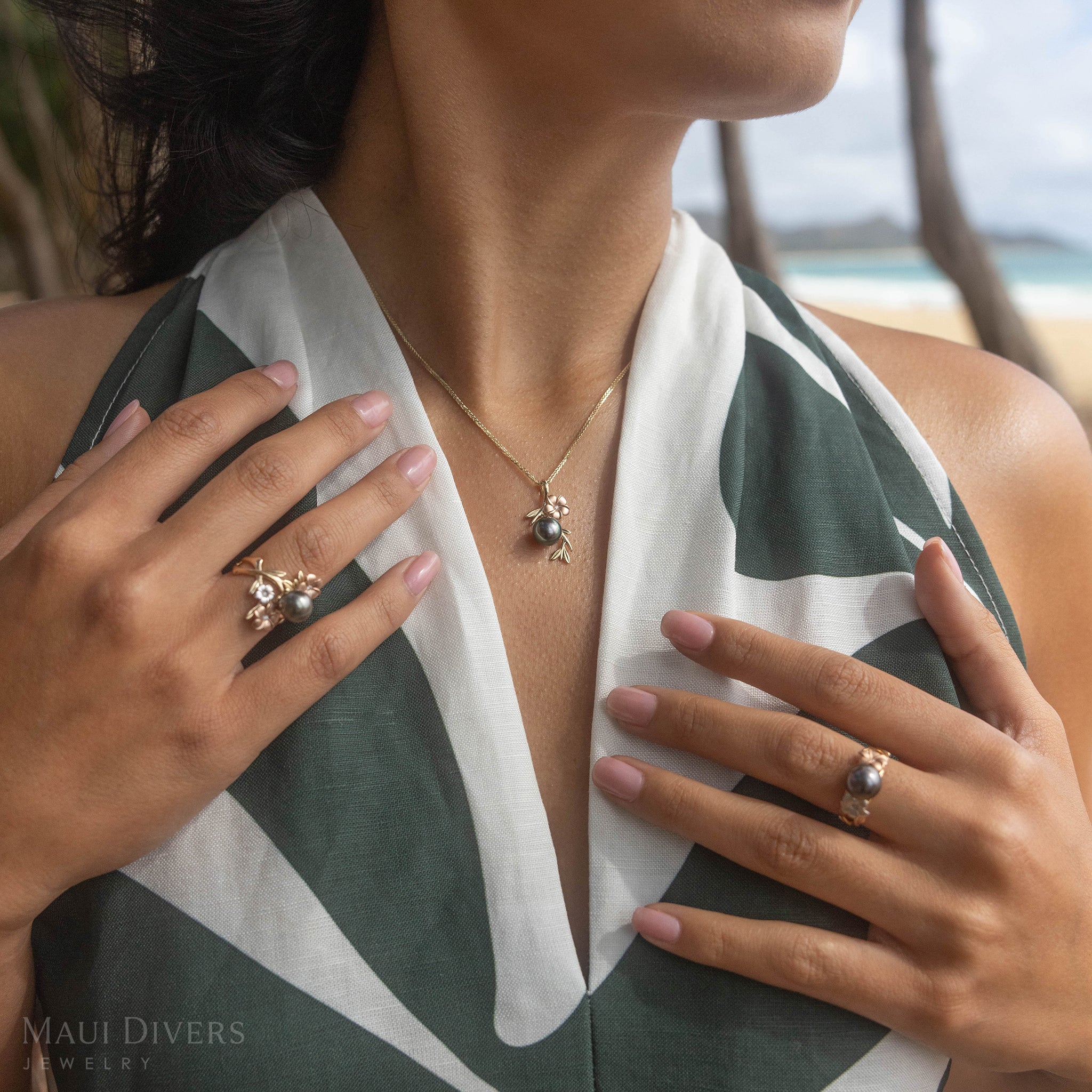 Pearls in Bloom Plumeria Tahitian Black Pearl Ring in Tri Color Gold with Diamonds - 22mm