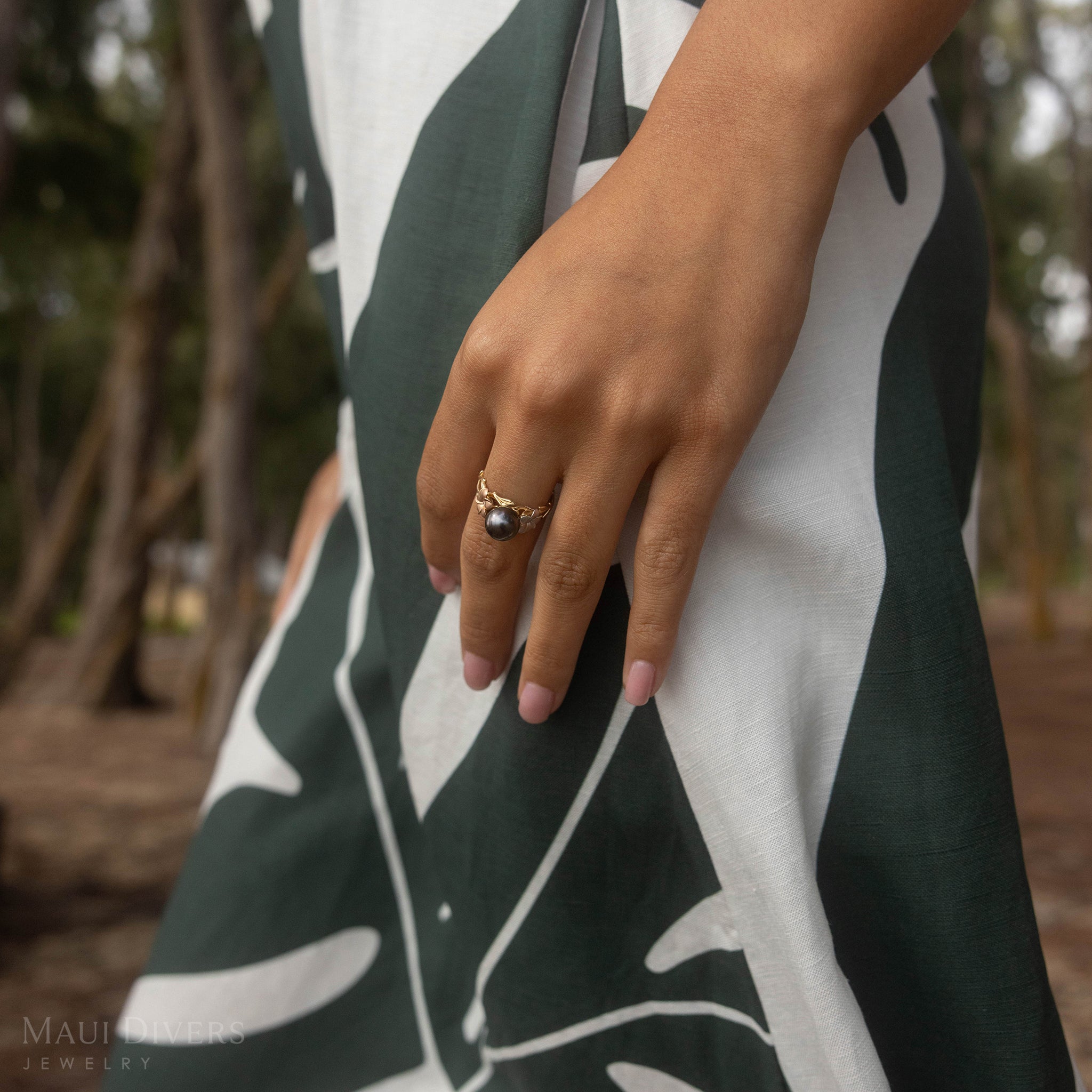 Pearls in Bloom Plumeria Tahitian Black Pearl Ring in Tri Color Gold with Diamonds - 8mm