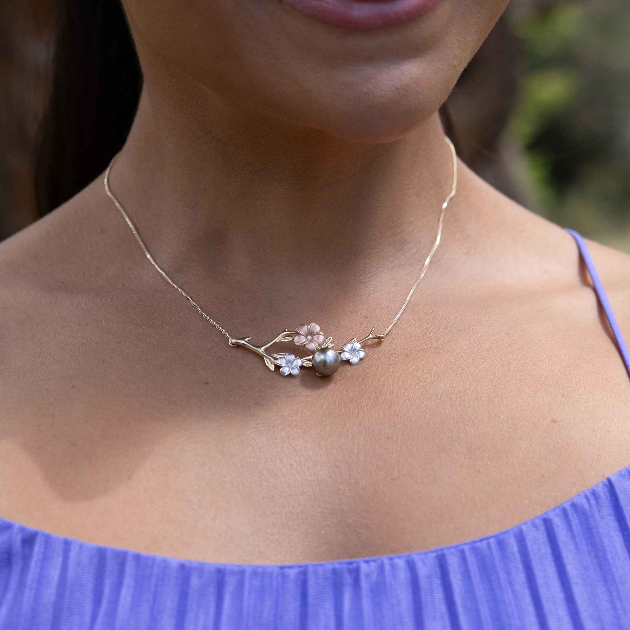 16-18" Adjustable Pearls in Bloom Plumeria Tahitian Black Pearl Necklace in Tri Color Gold with Diamonds - 48mm