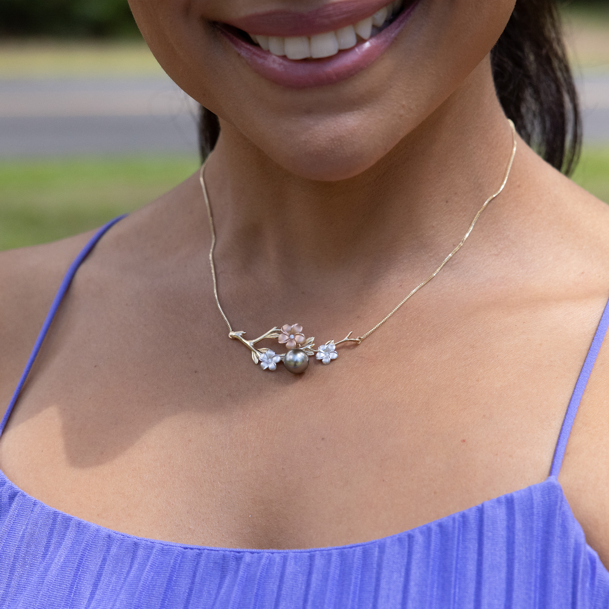 16-18" Adjustable Pearls in Bloom Plumeria Tahitian Black Pearl Necklace in Tri Color Gold with Diamonds - 48mm