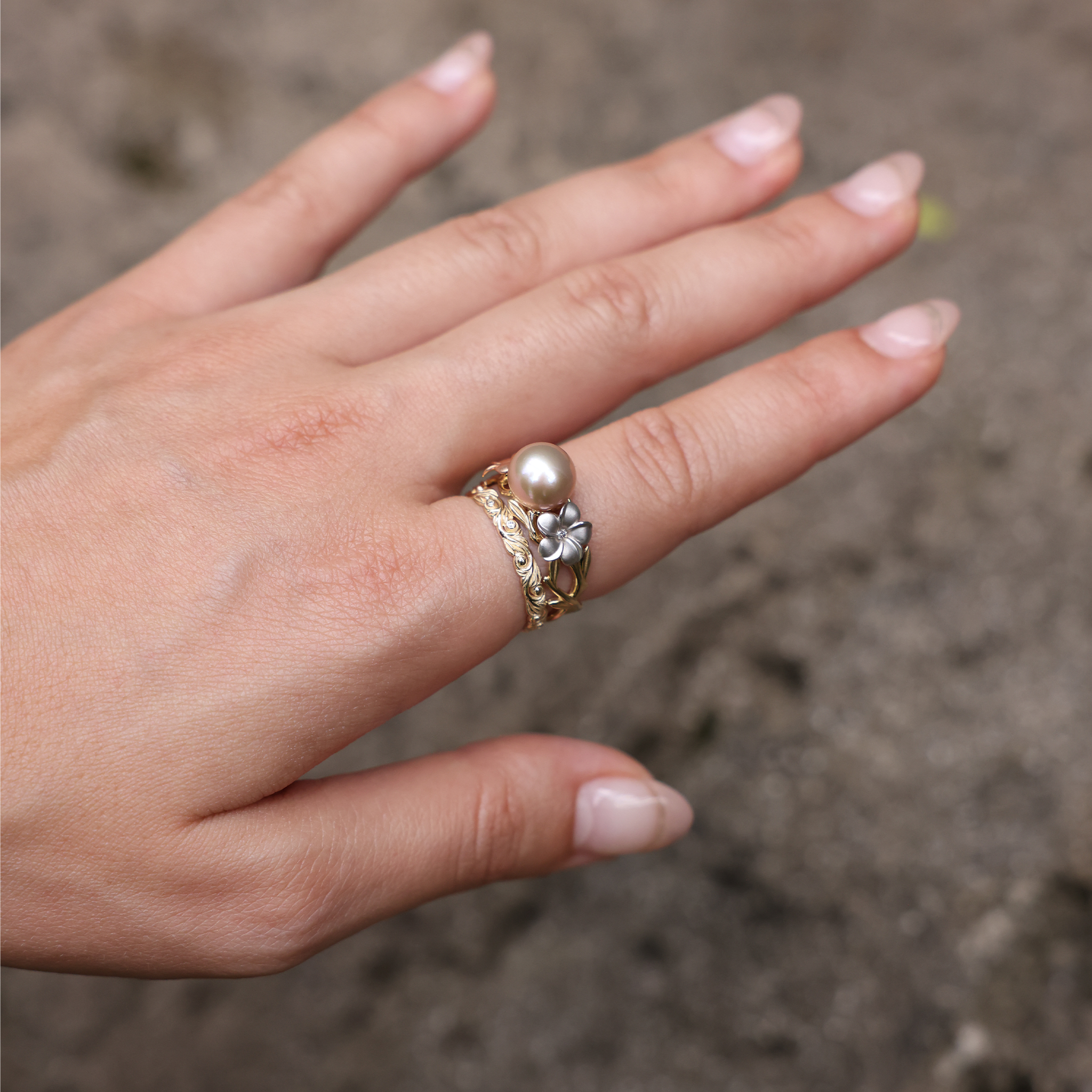 Pearls in Bloom Plumeria Lavender Freshwater Pearl Ring in Tri Color Gold with Diamonds - 8mm
