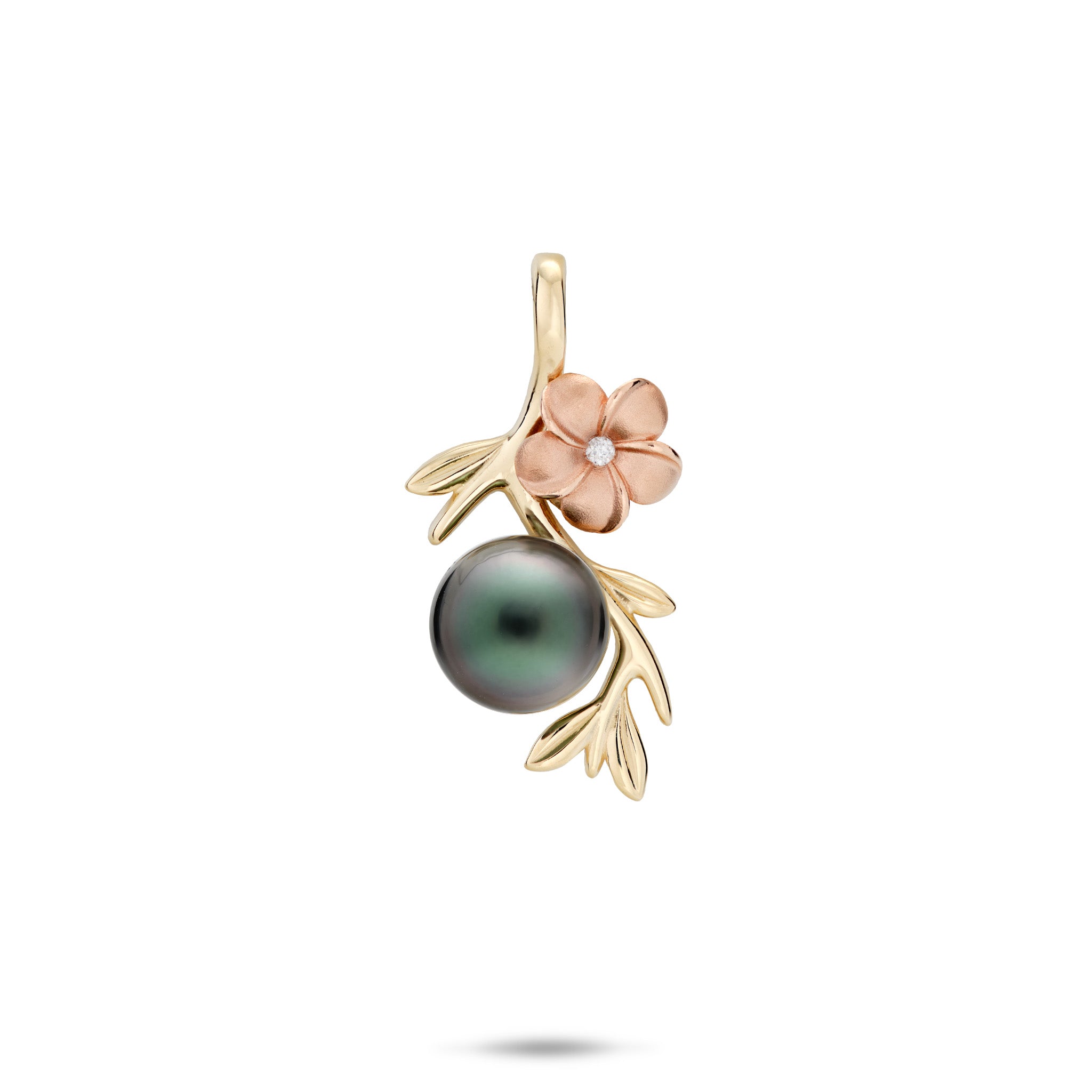 25mm Pearls in Bloom Plumeria Tahitian Black Pearl Pendant in Two Tone Gold with Diamond on a white background