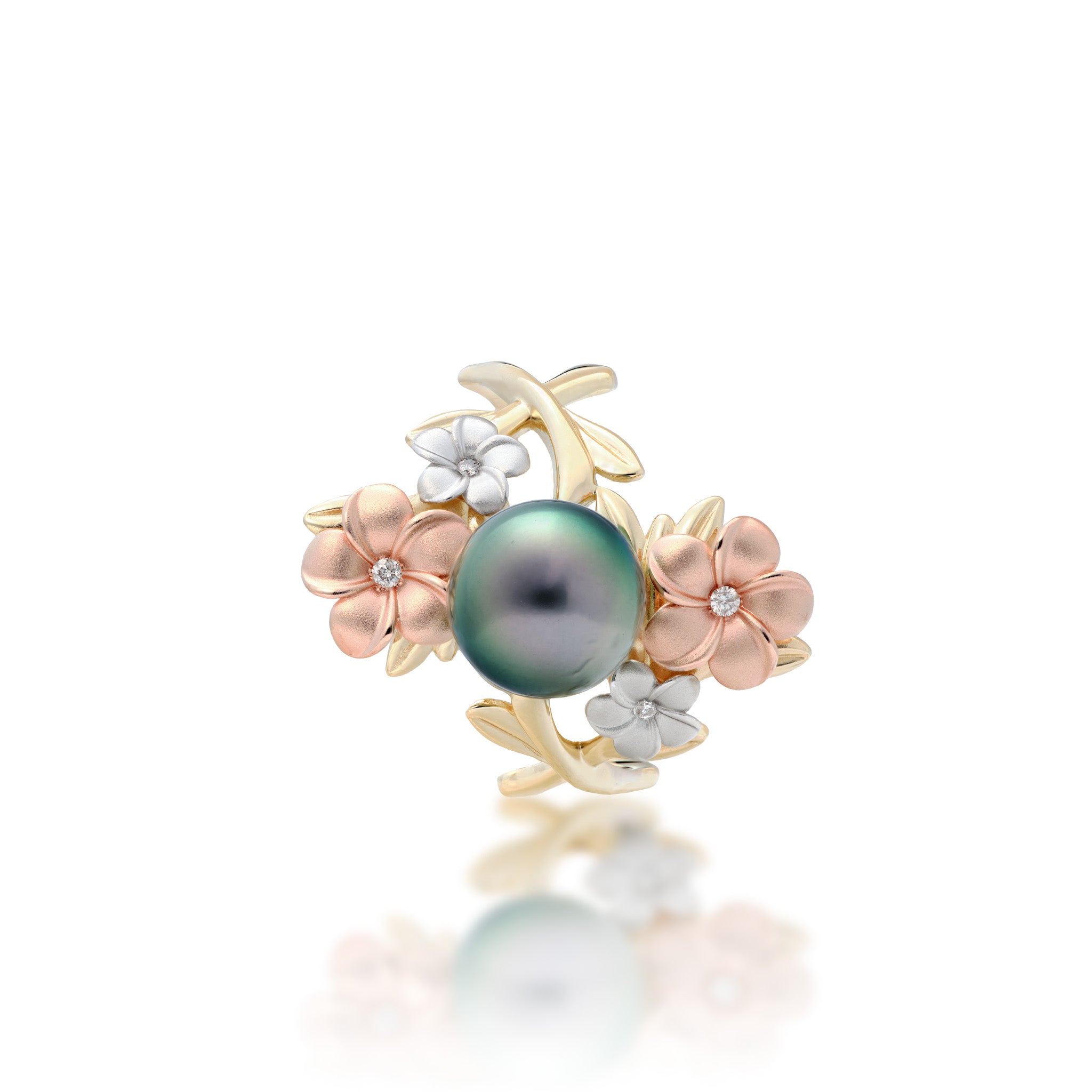 Top view of the 22mm Pearls in Bloom Plumeria Tahitian Black Pearl Ring in Tri Color Gold with Diamonds on a white background