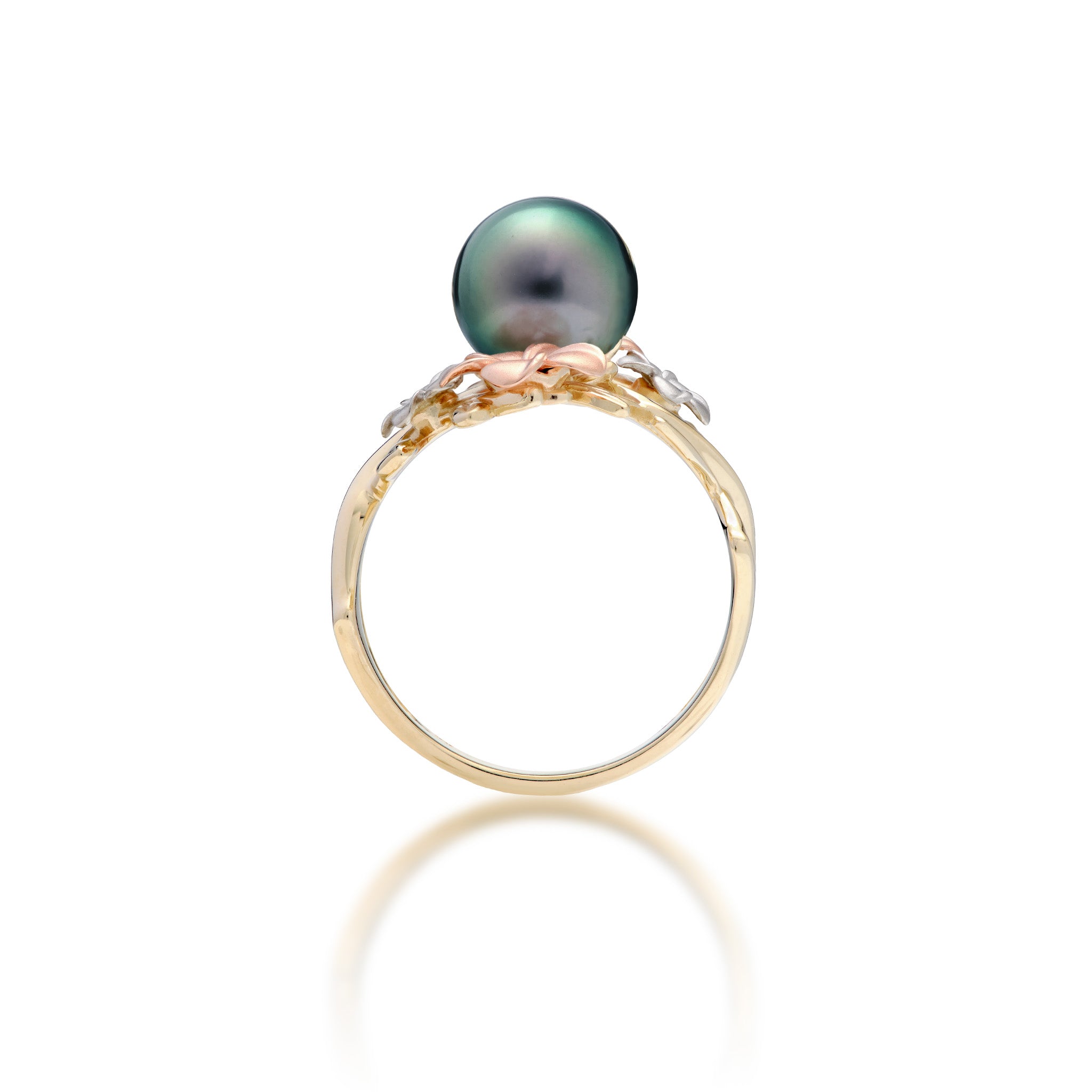 Band view of the 22mm Pearls in Bloom Plumeria Tahitian Black Pearl Ring in Tri Color Gold with Diamonds on a white background