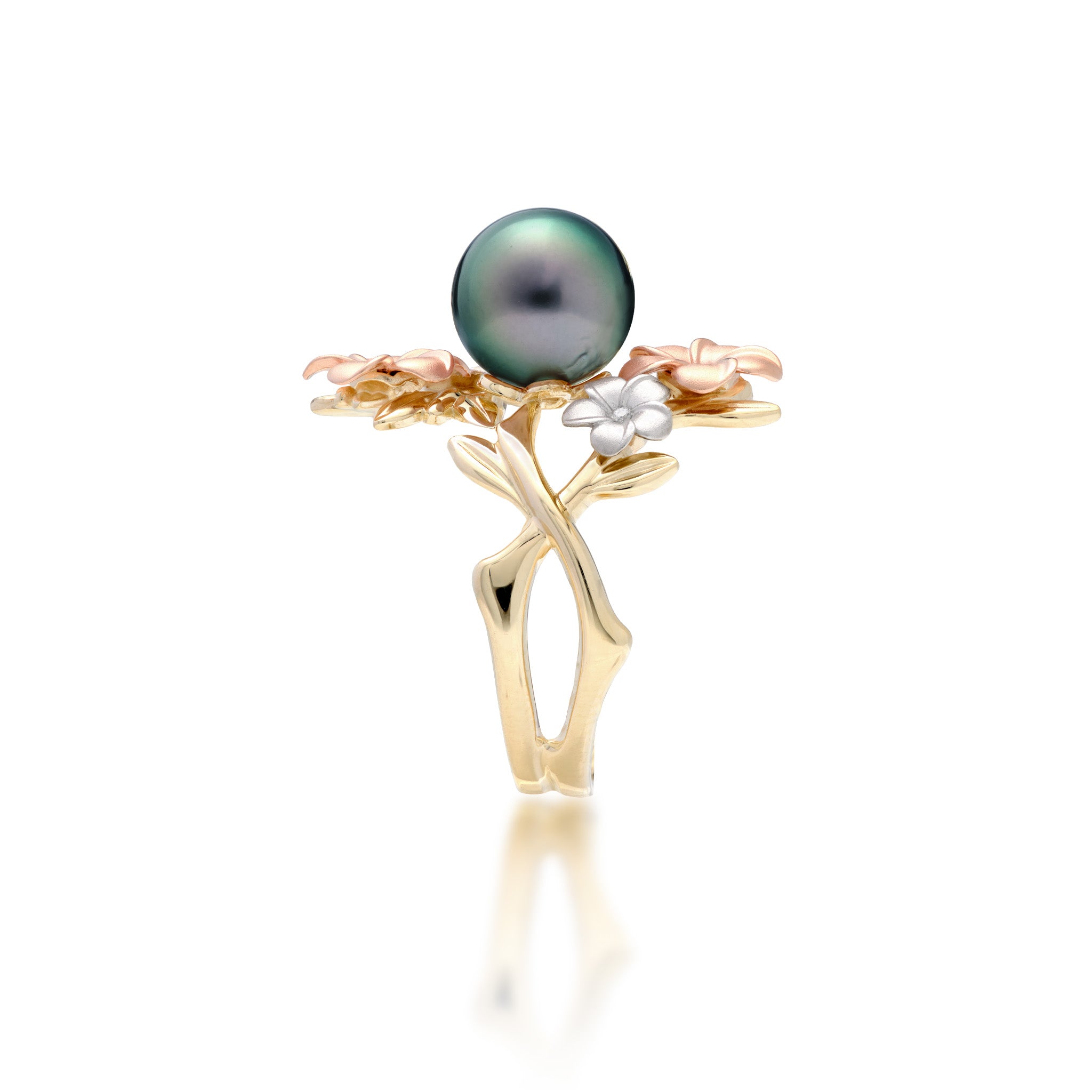 Side view of the 22mm Pearls in Bloom Plumeria Tahitian Black Pearl Ring in Tri Color Gold with Diamonds on a white background