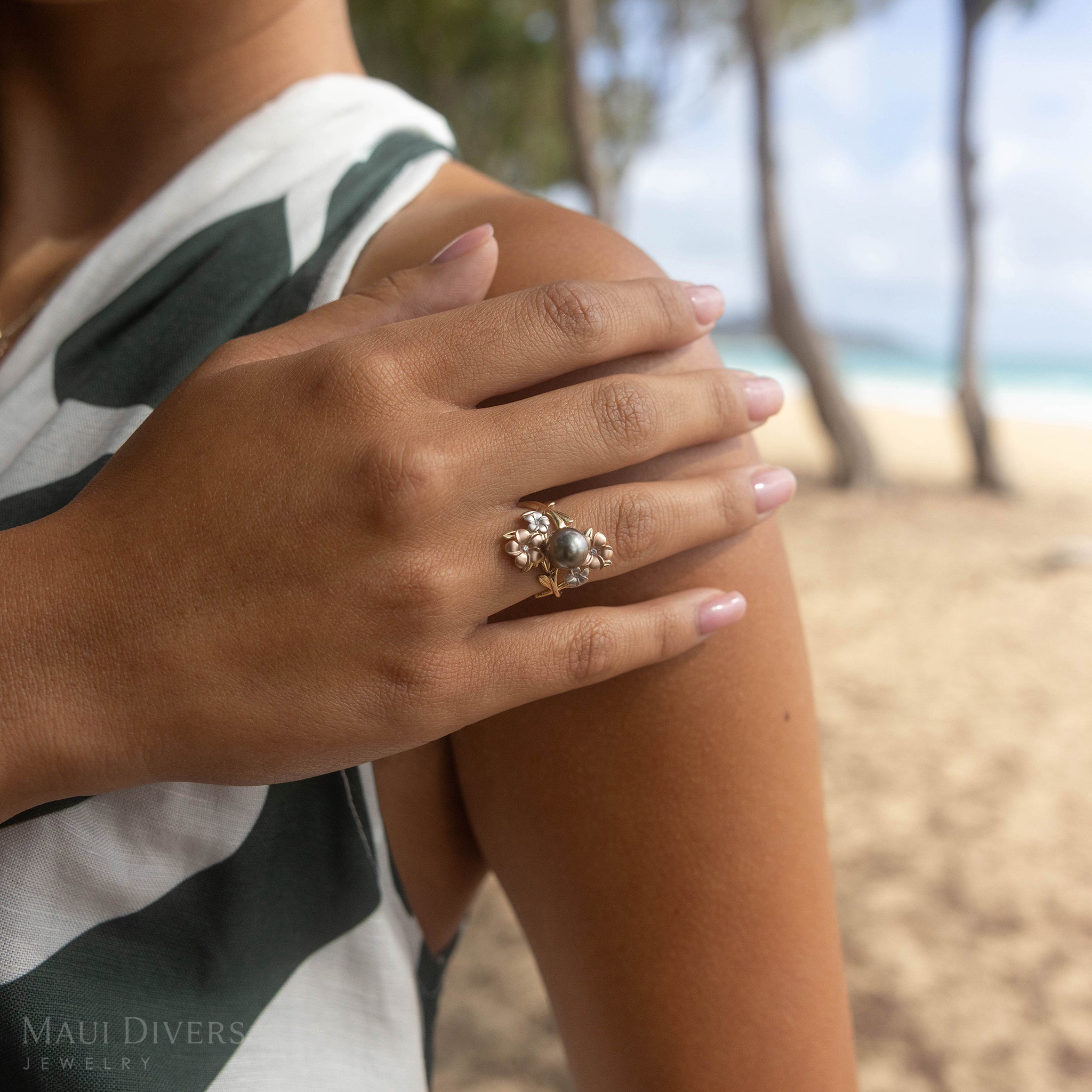 Pearls in Bloom Plumeria Tahitian Black Pearl Ring in Tri Color Gold with Diamonds - 22mm