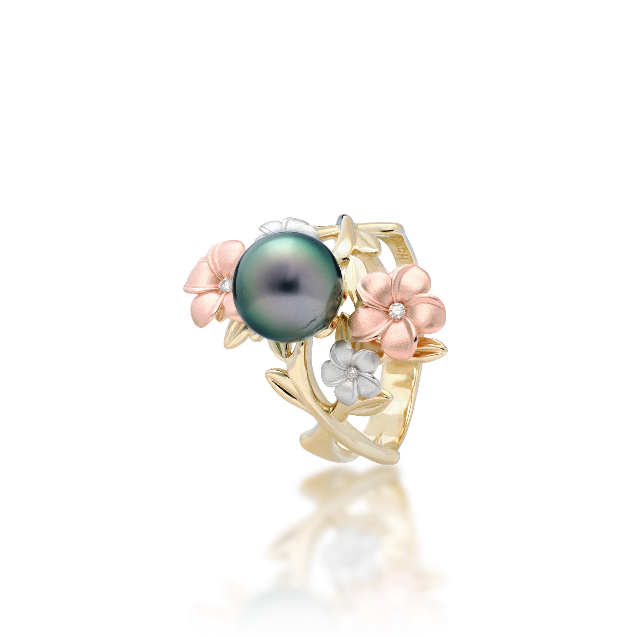 Angle view of the 22mm Pearls in Bloom Plumeria Tahitian Black Pearl Ring in Tri Color Gold with Diamonds on a white background