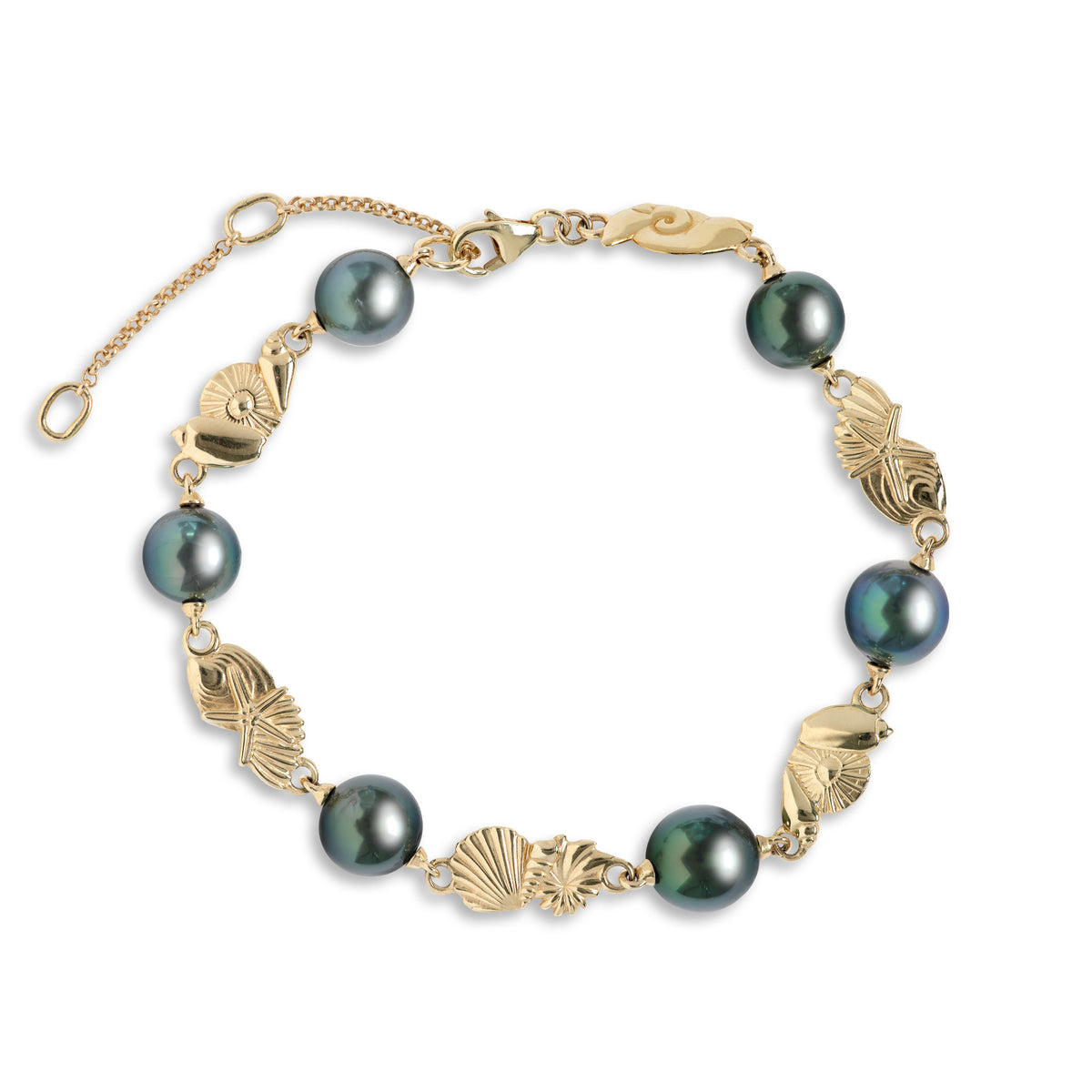 Top view of a 7-9" Adjustable Seashells link style Bracelet in Gold with six 8-9mm Tahitian Black Pearls on a white background