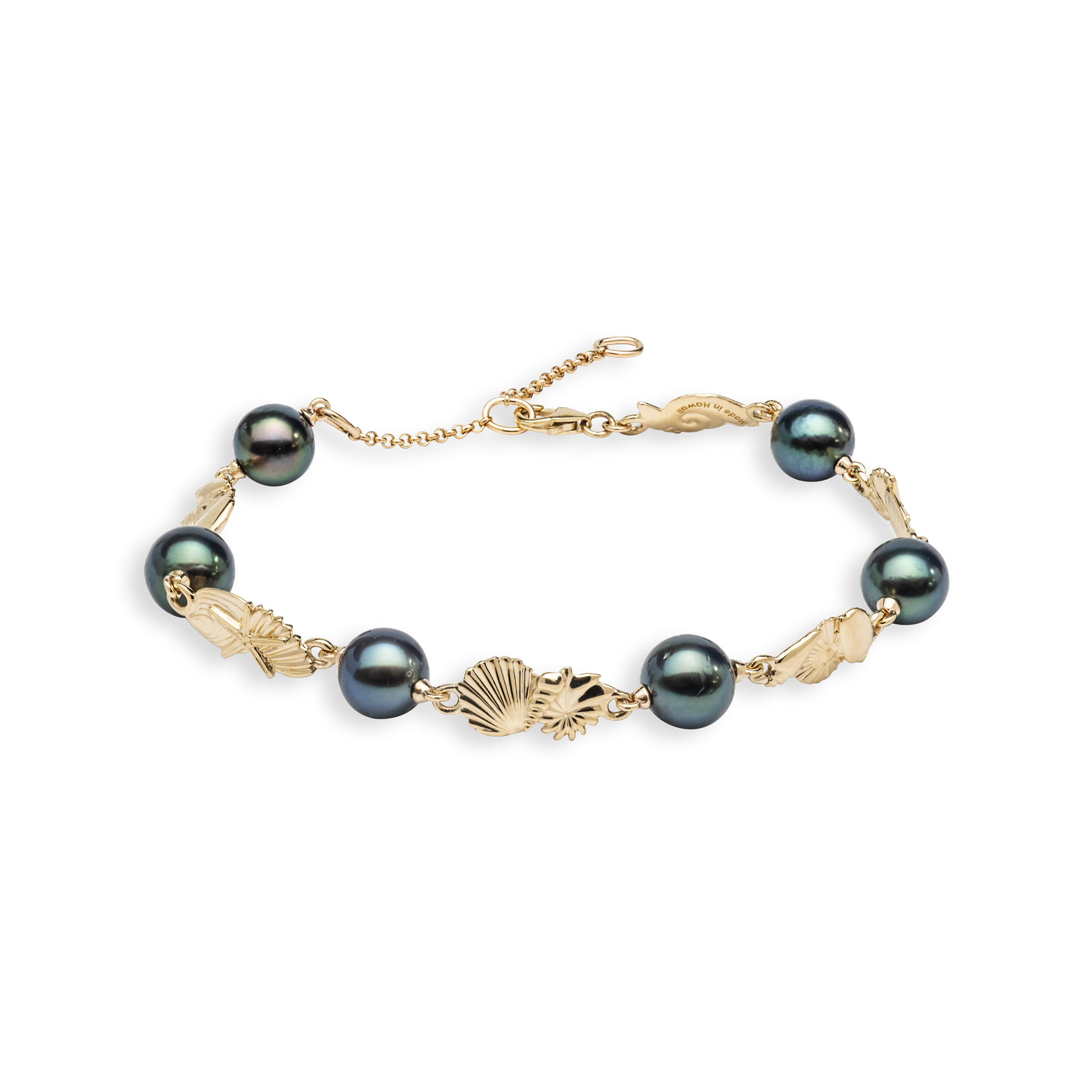 7-9" Adjustable Seashells Tahitian Black Pearl Bracelet in Gold