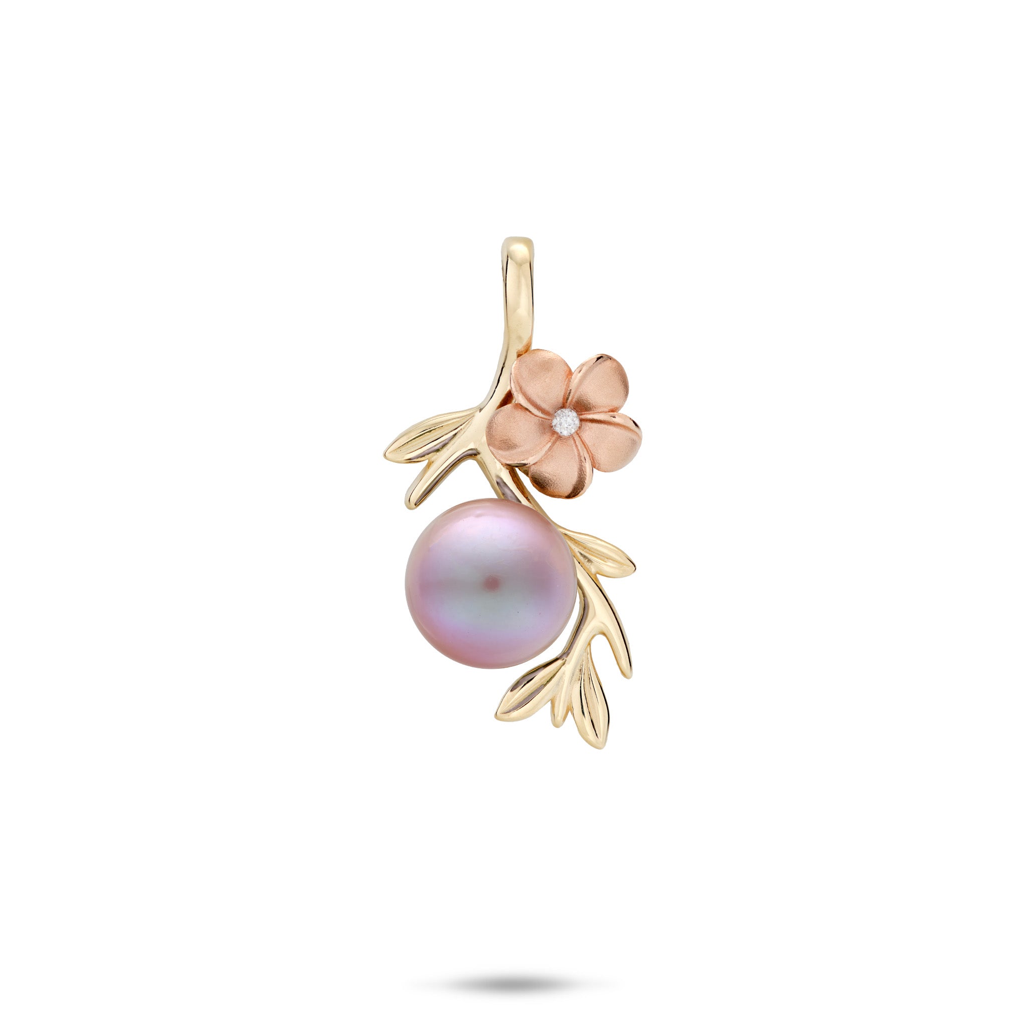 A delicate pendant in 14k yellow gold featuring an 8-9mm lavender freshwater pearl nestled within gold-toned leaves and a diamond-accented rose gold plumeria flower, shown on a plain white background.