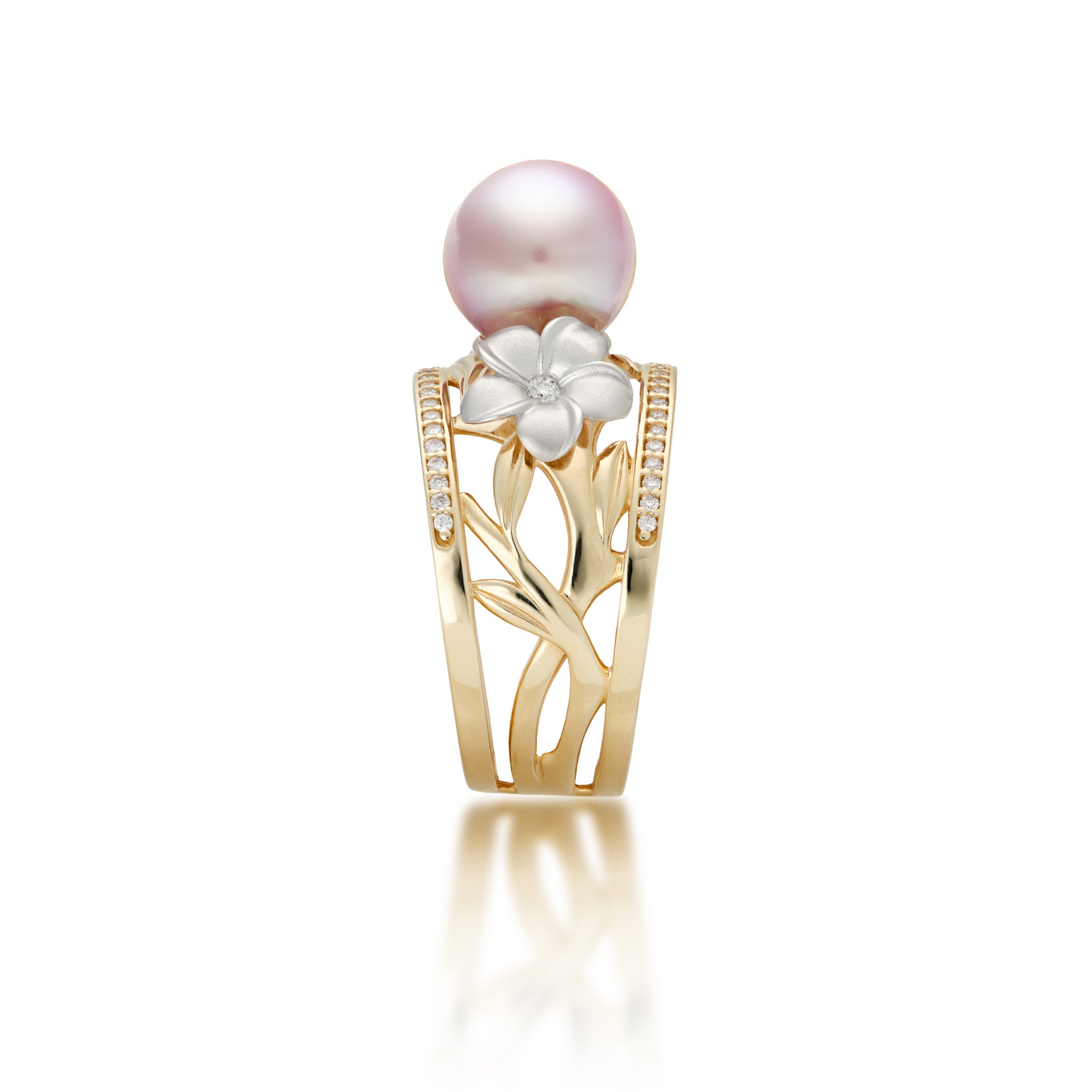 Side view of the 12mm Pearls in Bloom Plumeria Lavender Freshwater Pearl Ring in Tri Color Gold with Diamonds on a white background