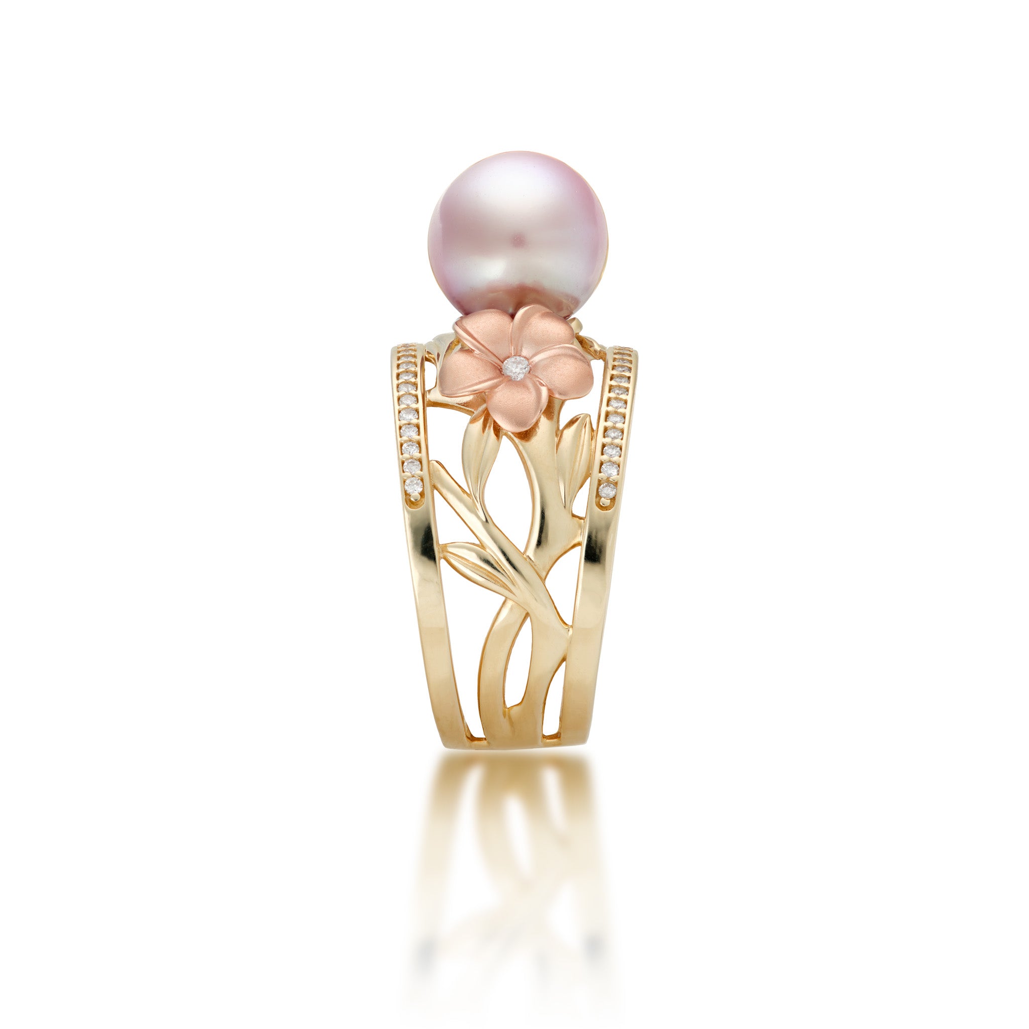 Side view of the 12mm Pearls in Bloom Plumeria Lavender Freshwater Pearl Ring in Tri Color Gold with Diamonds on a white background