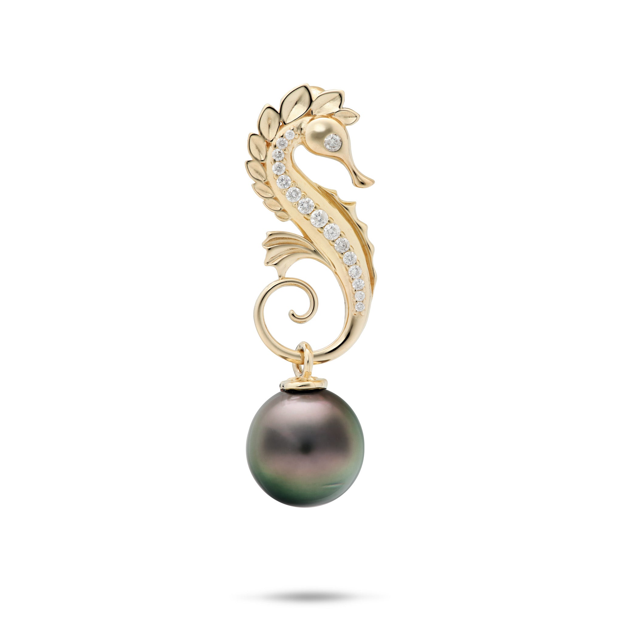 Seahorse Pendant in 14k Yellow Gold with cascading diamonds and a dangling 9-10mm Tahitian black pearl on a white background