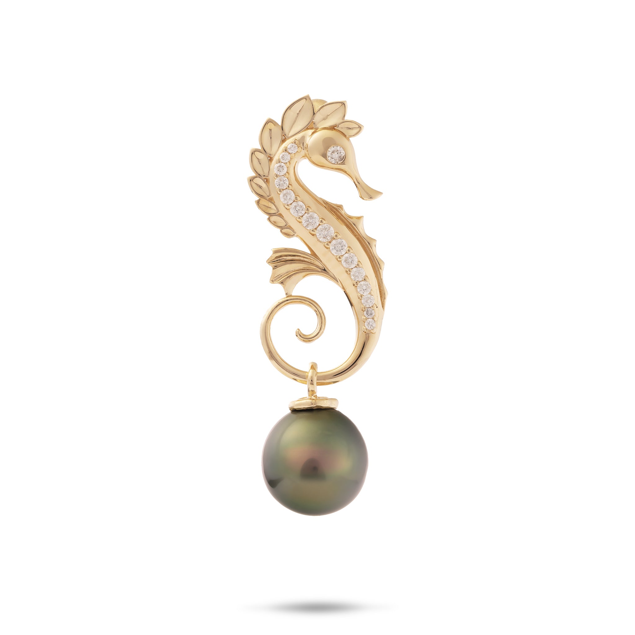 Ocean Dance Seahorse Anhänger mit schwarzer Tahitiperle in Gold mit Diamanten – 9–10 mm