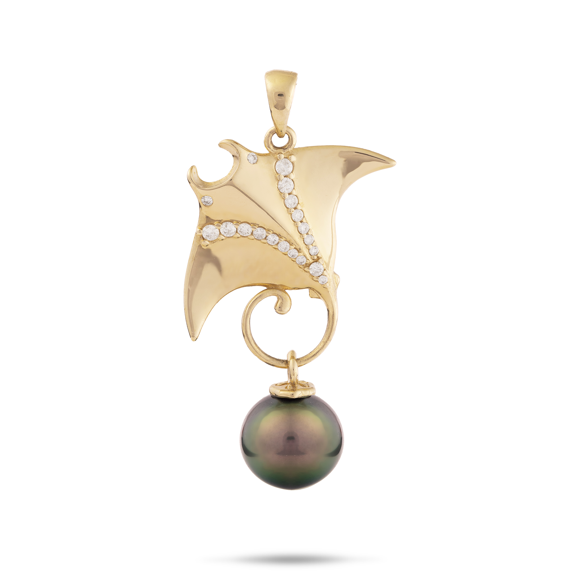 Ocean Dance Manta Ray Tahiti Black Pearl Anhänger in Gold mit Diamanten - 9-10 mm