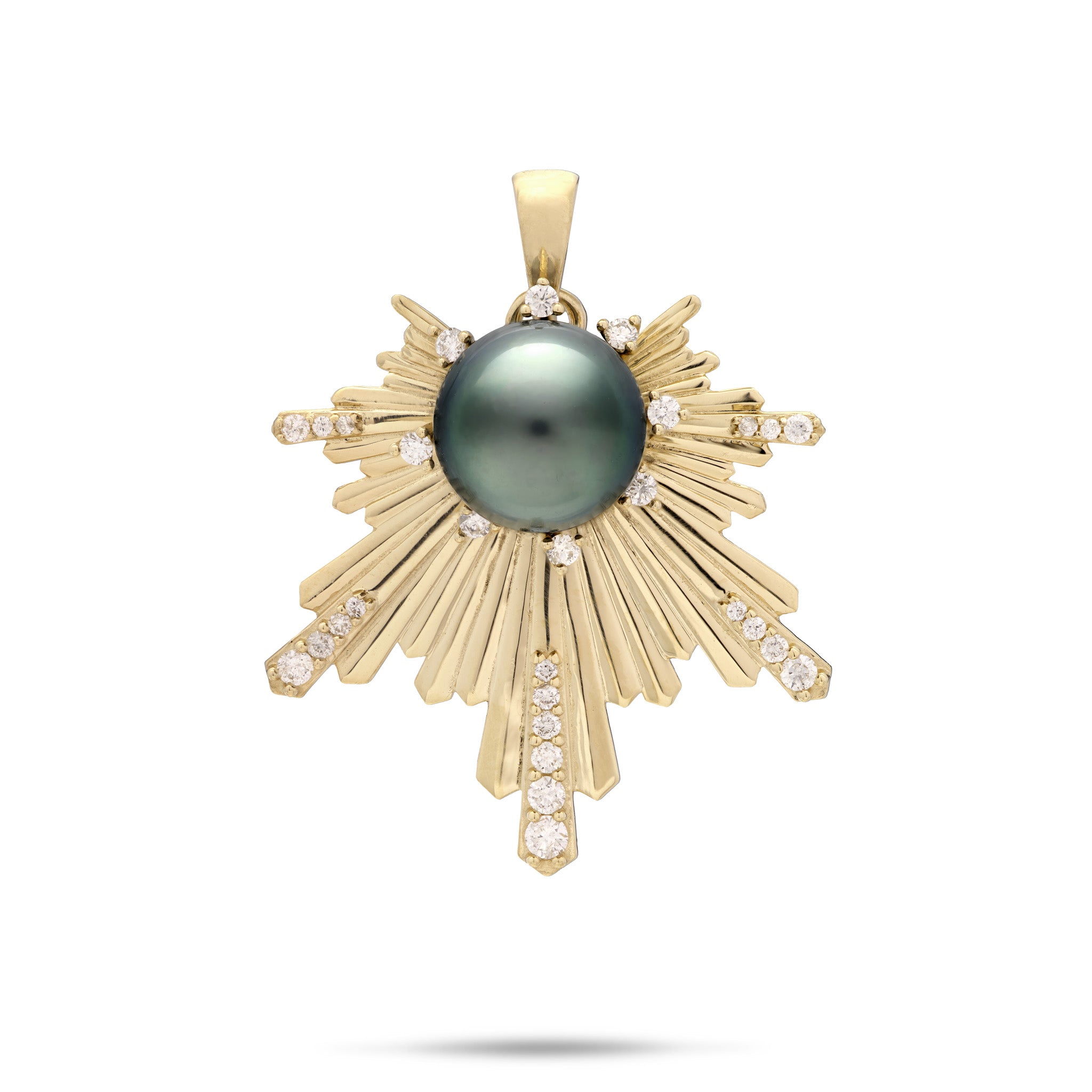 A 14k yellow gold Hawaiian Sunrise inspired pendant with dimensional rays of gold with diamonds at the ends and around a 9-10mm Tahitian black pearl and a high-polish bail at the top, shown on a white background