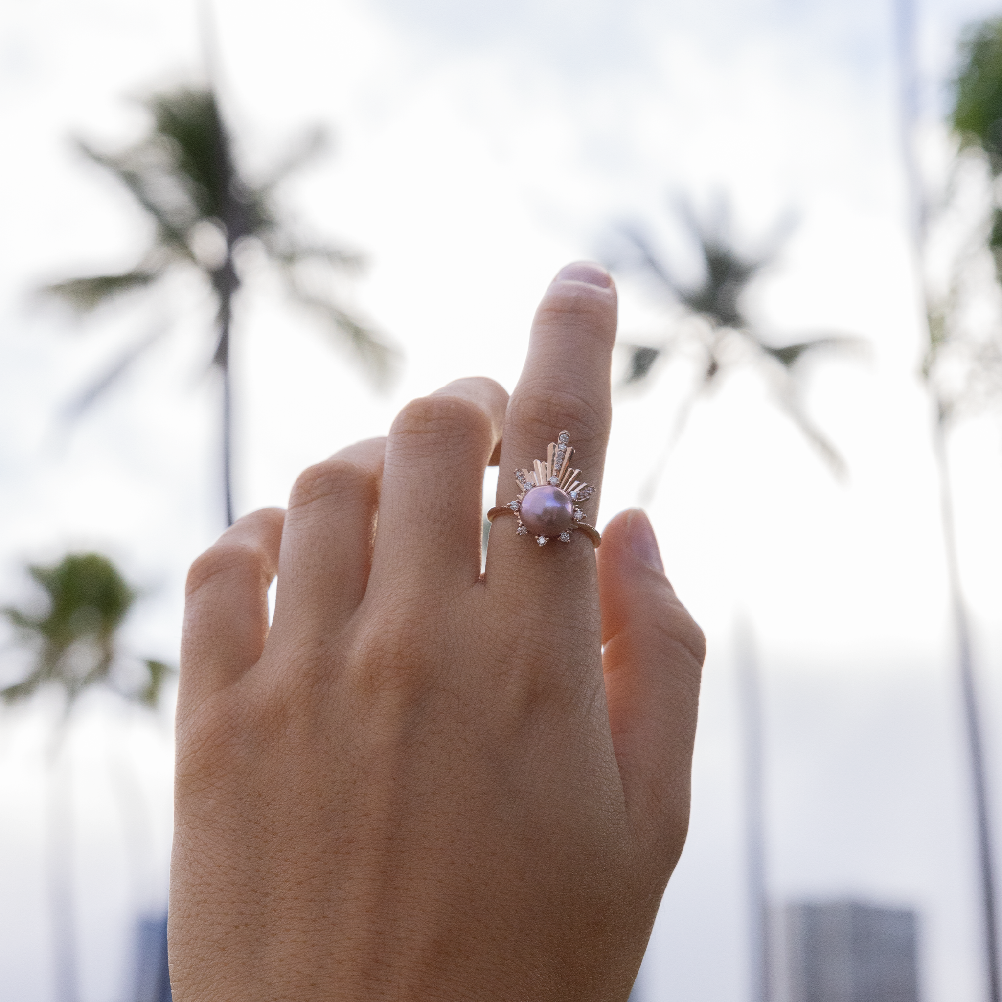 E Hoʻāla Lavendel-Süßwasserperlen-Ring in Roségold mit Diamanten – 21 mm