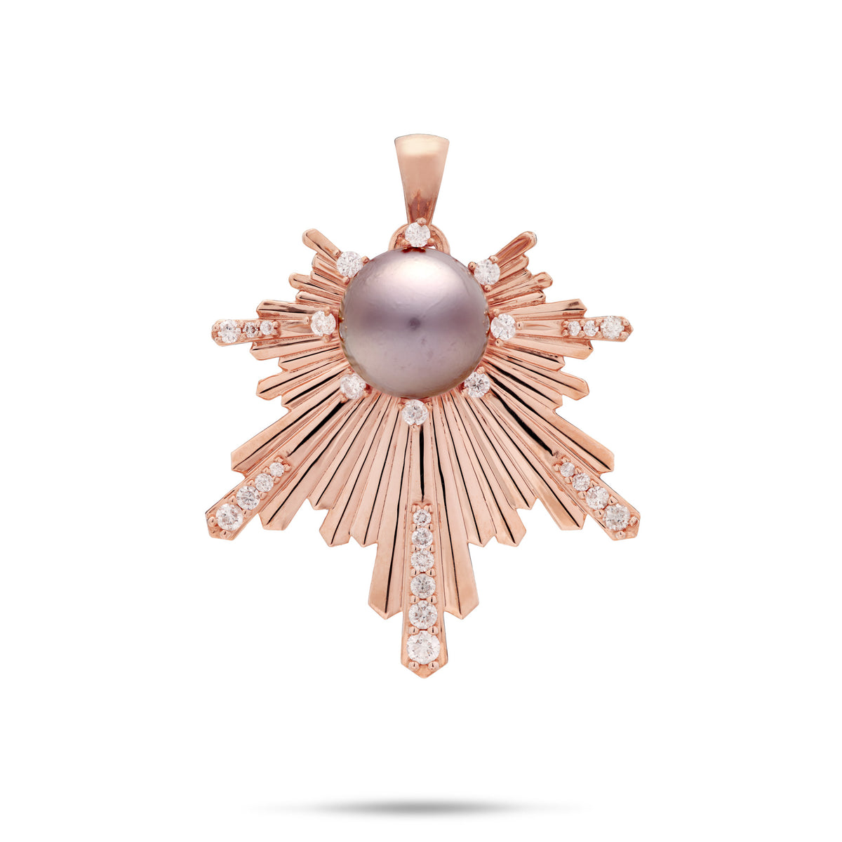27mm E Hoʻāla sunrise Lavender Freshwater Pearl Pendant in Rose Gold surrounded with shimmering Diamonds on a white background