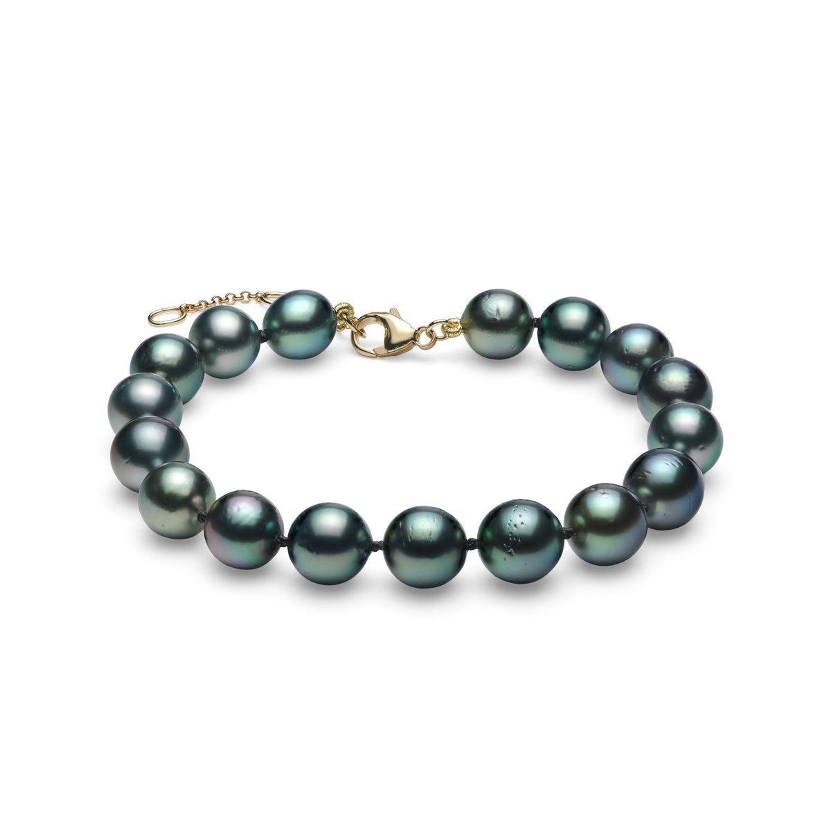7.5-9" Adjustable 8-10mm Tahitian Black Pearl Bracelet with Gold lobster claps on a white background