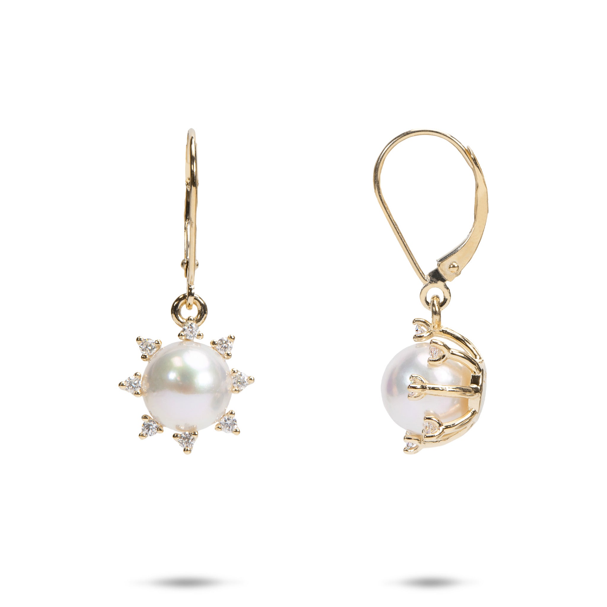 Protea-inspired 8mm Akoya White Pearl Earrings in 14k Yellow Gold with Diamonds on a white background